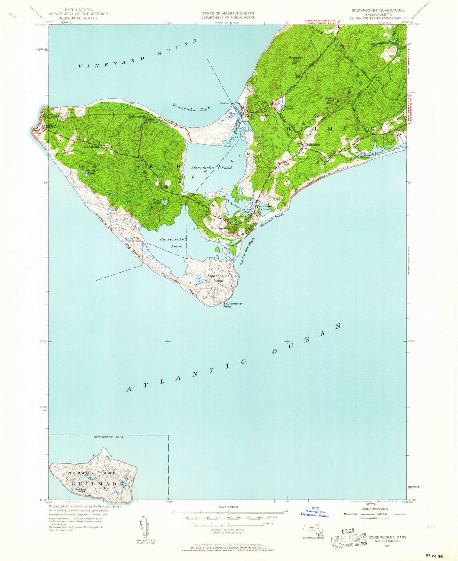 Classic USGS Squibnocket Massachusetts 7.5'x7.5' Topo Map Image