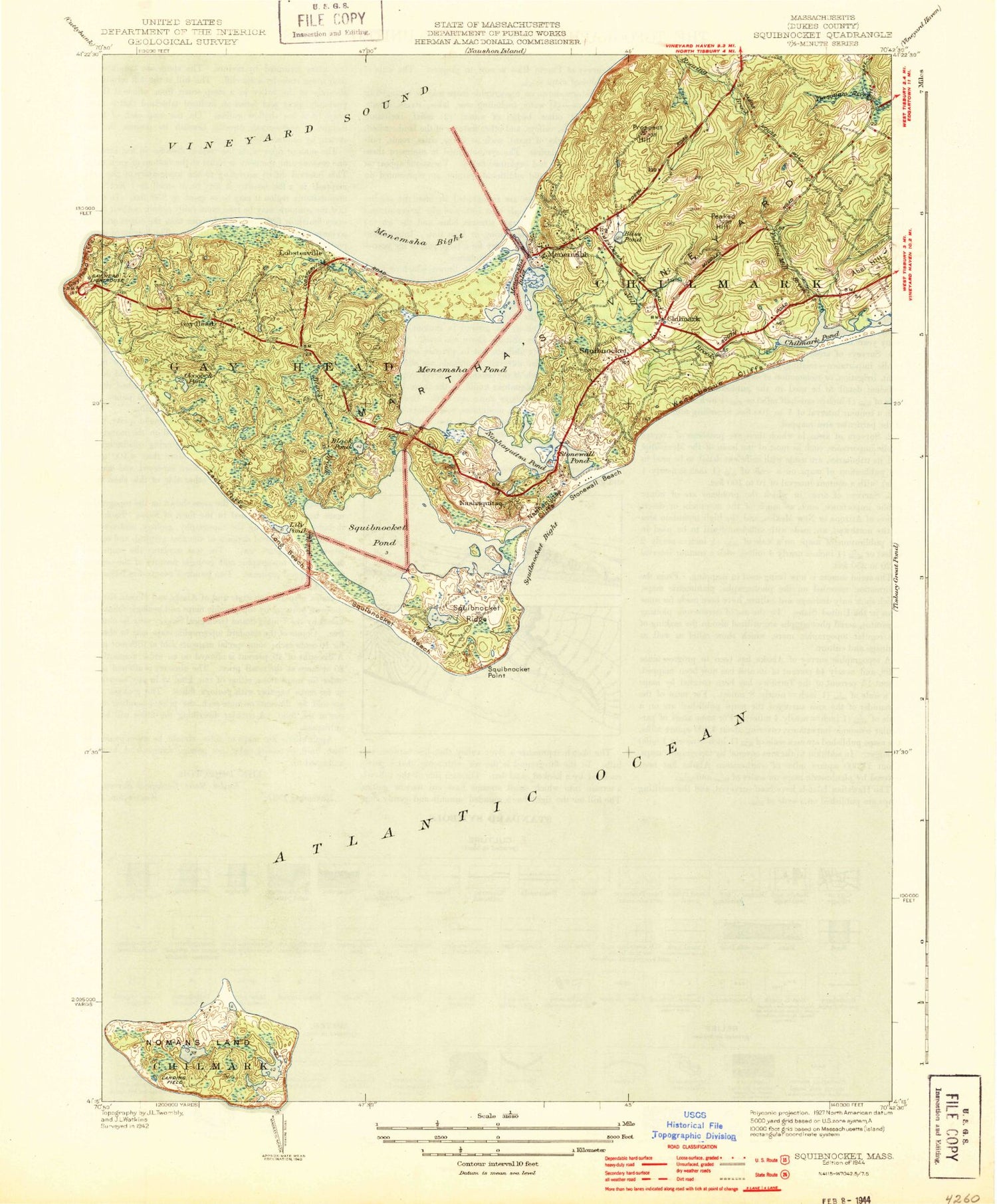 Classic USGS Squibnocket Massachusetts 7.5'x7.5' Topo Map Image