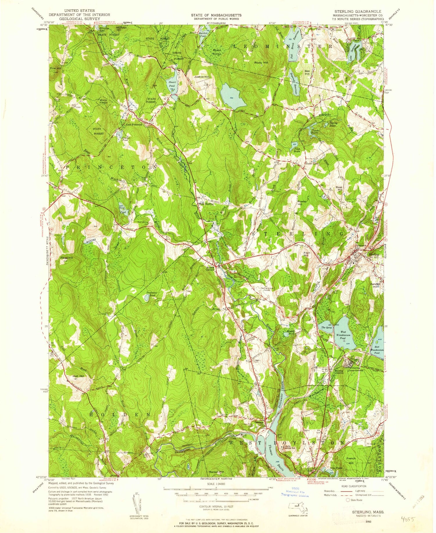 Classic USGS Sterling Massachusetts 7.5'x7.5' Topo Map Image