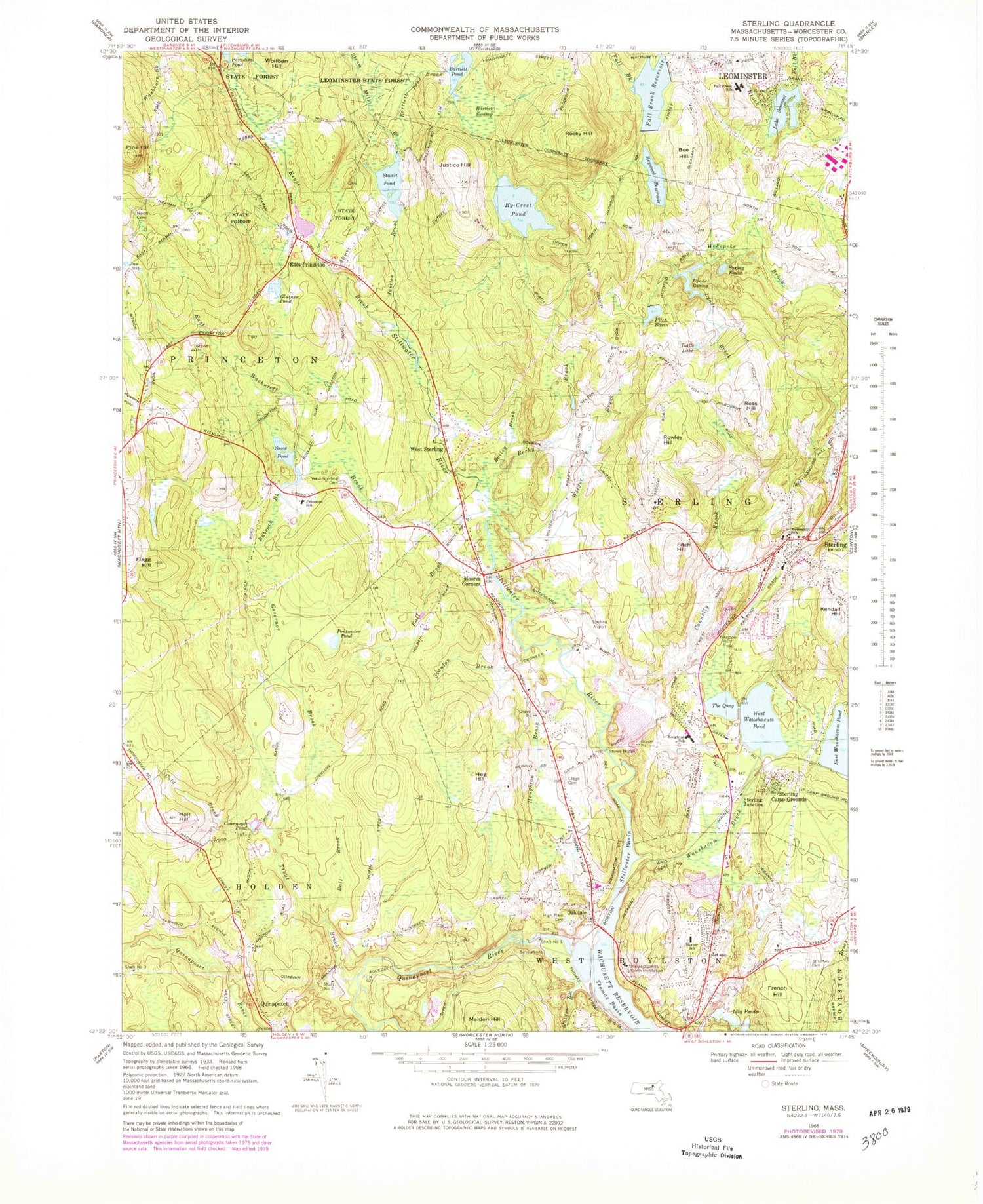 Classic USGS Sterling Massachusetts 7.5'x7.5' Topo Map Image