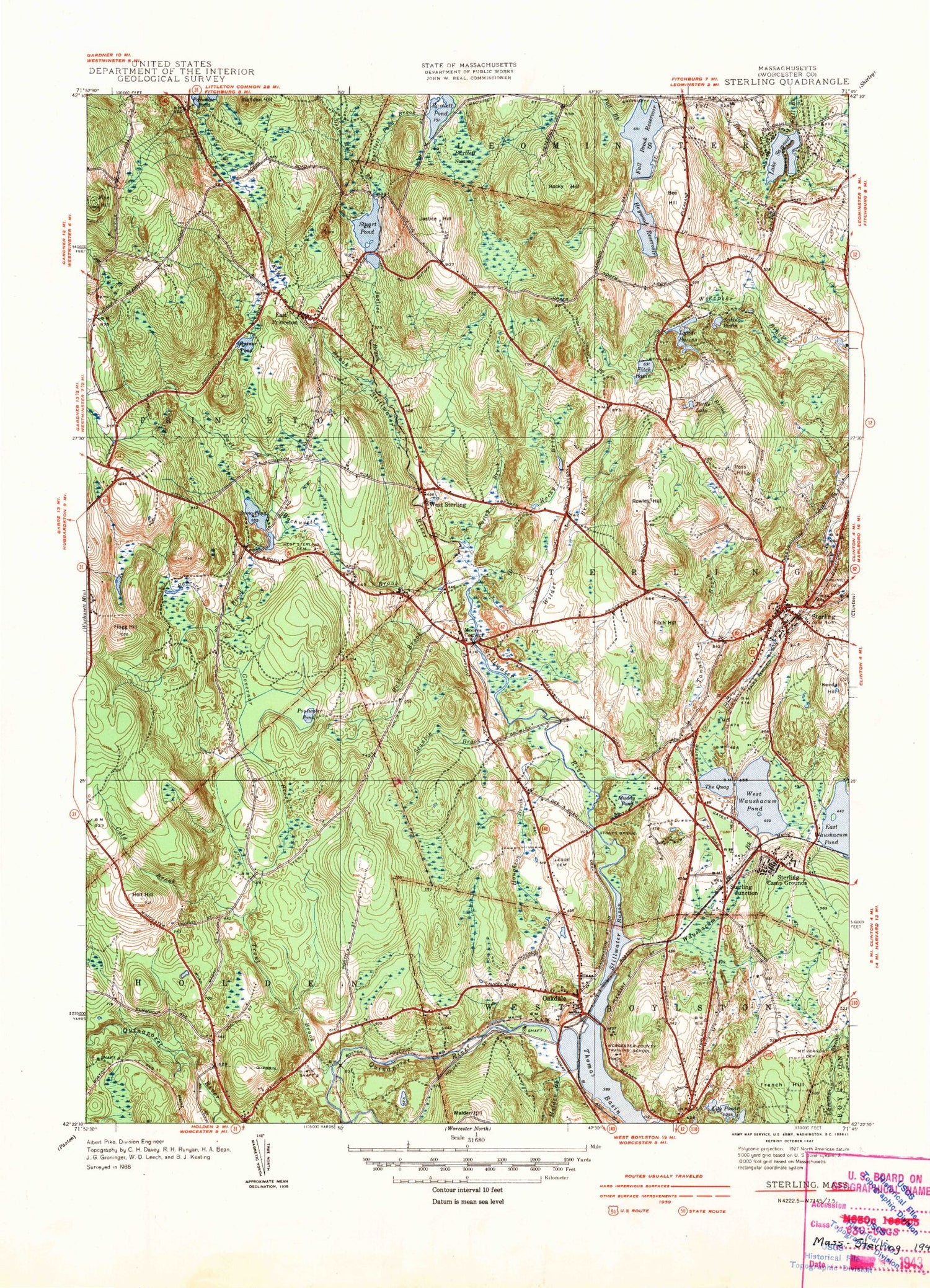 Classic USGS Sterling Massachusetts 7.5'x7.5' Topo Map Image