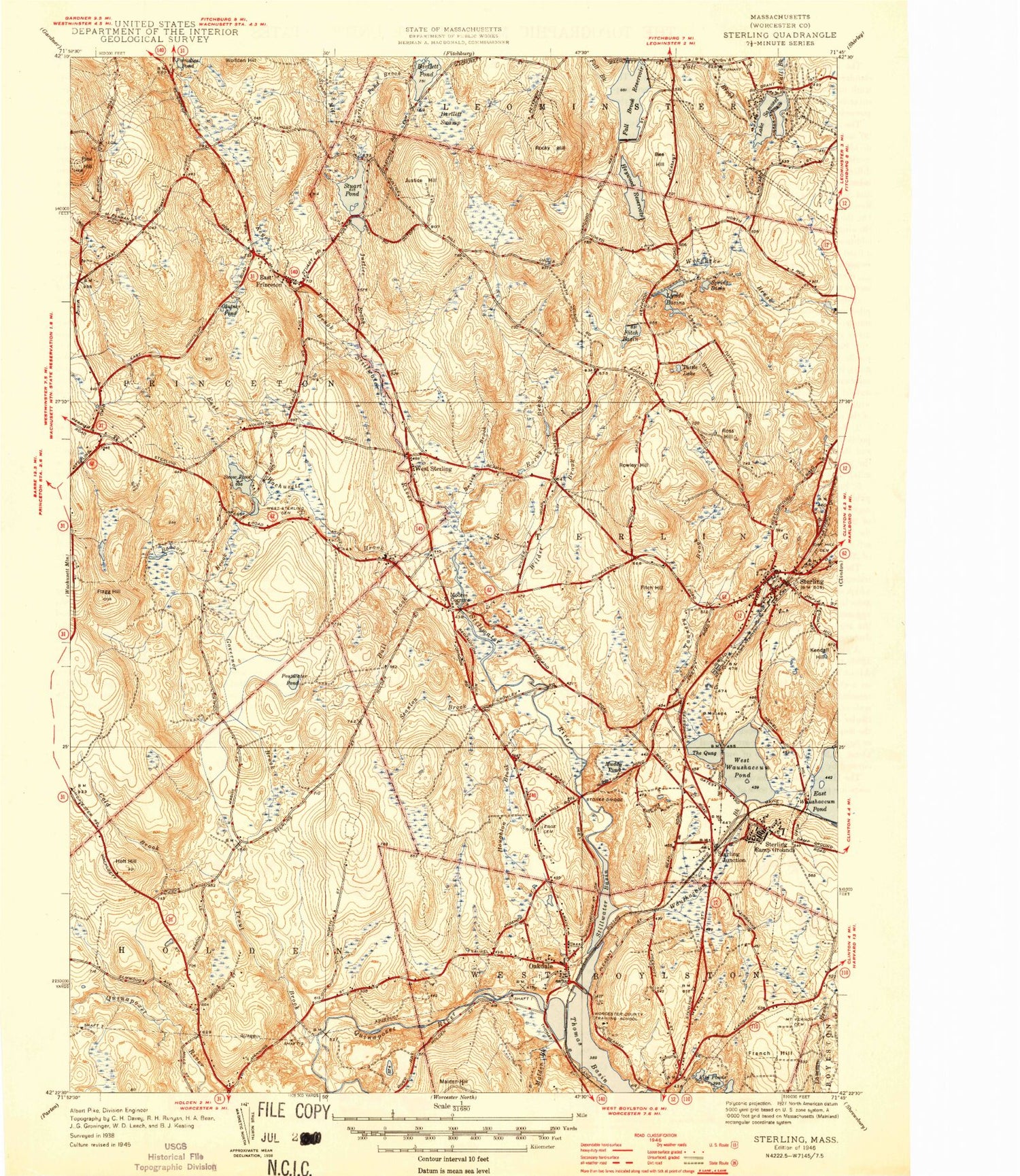 Classic USGS Sterling Massachusetts 7.5'x7.5' Topo Map Image