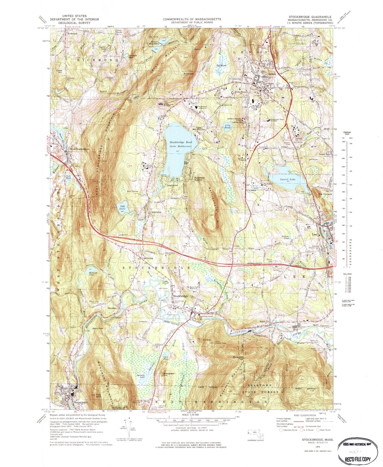 Classic USGS Stockbridge Massachusetts 7.5'x7.5' Topo Map Image