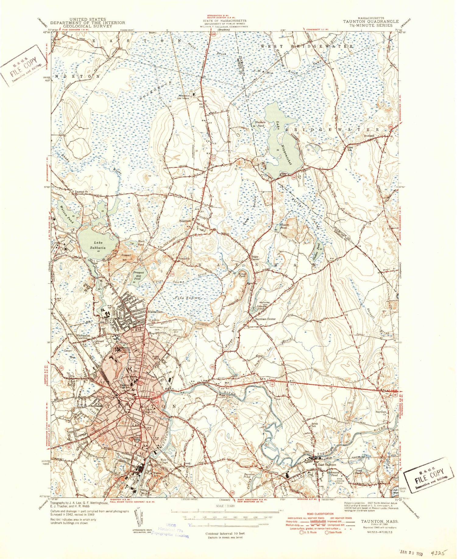 Classic USGS Taunton Massachusetts 7.5'x7.5' Topo Map Image