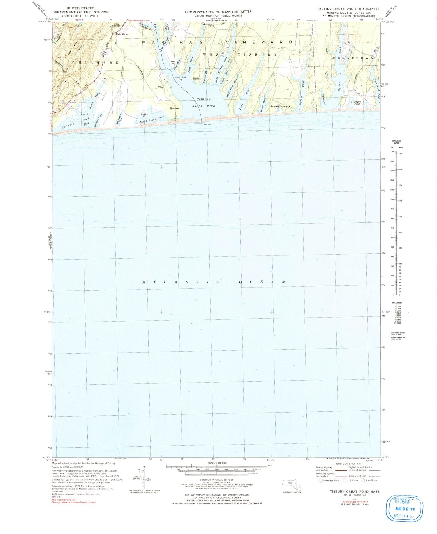 Classic USGS Tisbury Great Pond Massachusetts 7.5'x7.5' Topo Map Image