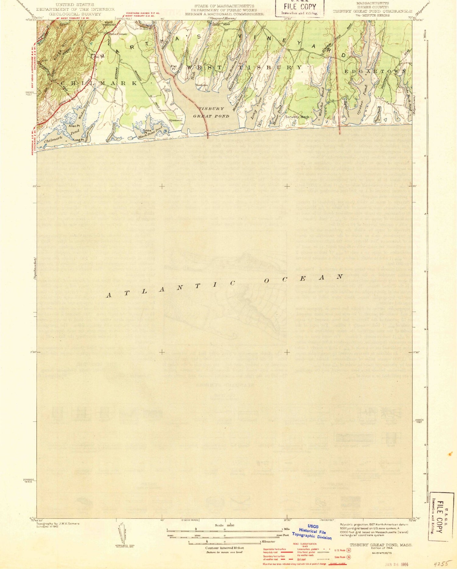 Classic USGS Tisbury Great Pond Massachusetts 7.5'x7.5' Topo Map Image