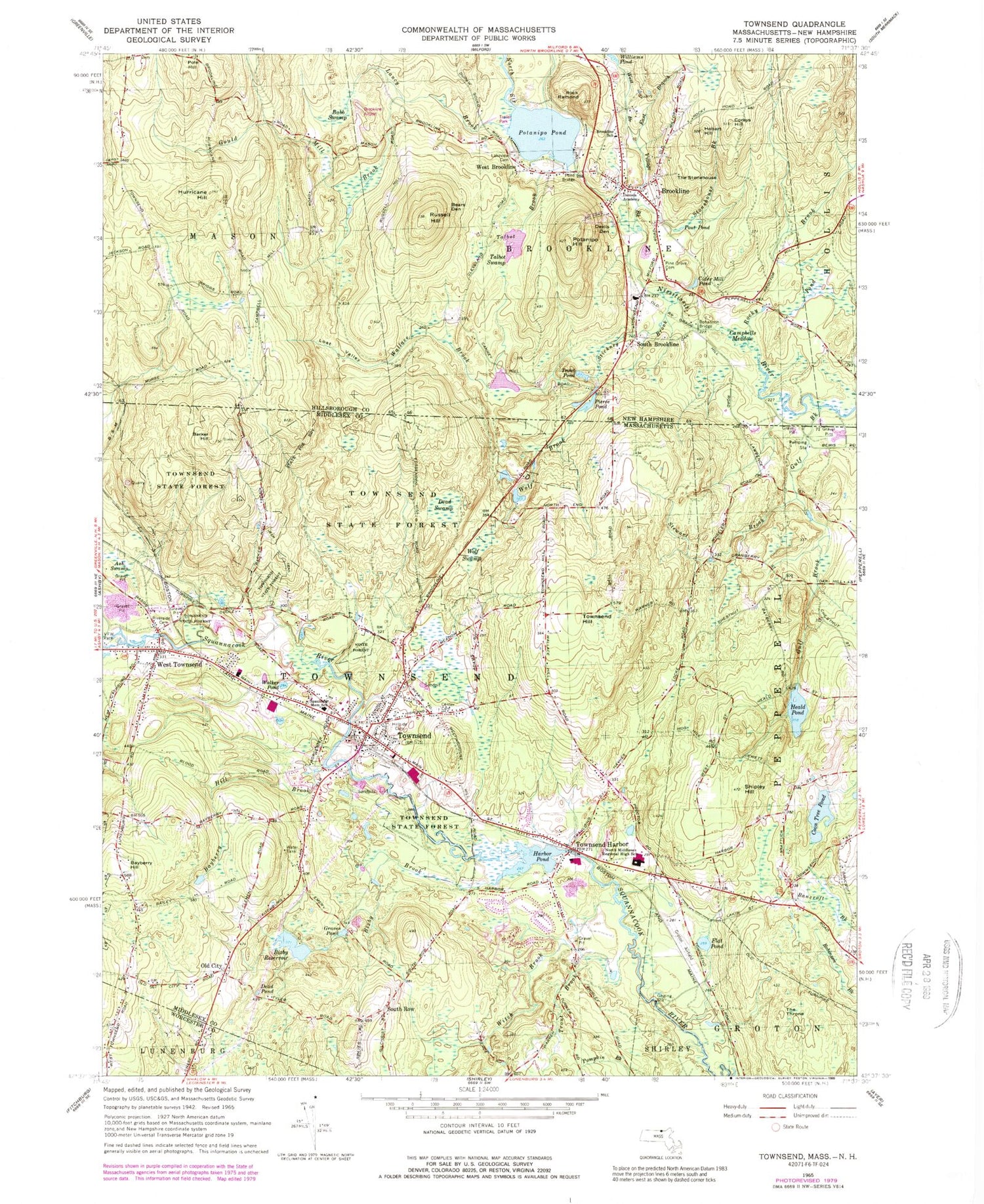Classic USGS Townsend Massachusetts 7.5'x7.5' Topo Map Image