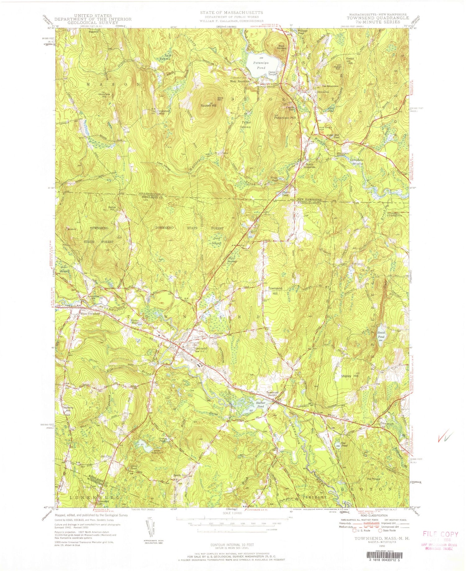 Classic USGS Townsend Massachusetts 7.5'x7.5' Topo Map Image