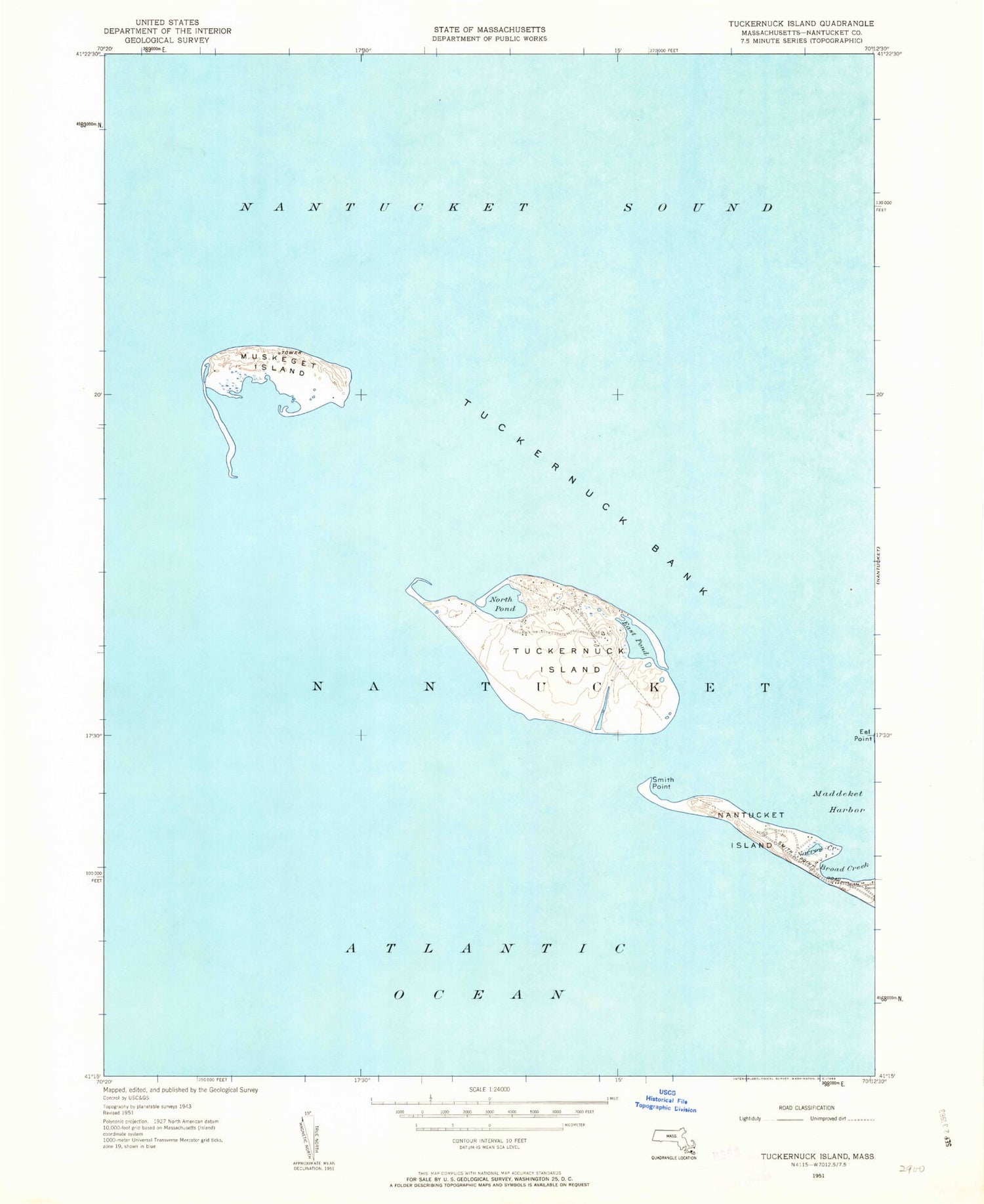 Classic USGS Tuckernuck Island Massachusetts 7.5'x7.5' Topo Map Image