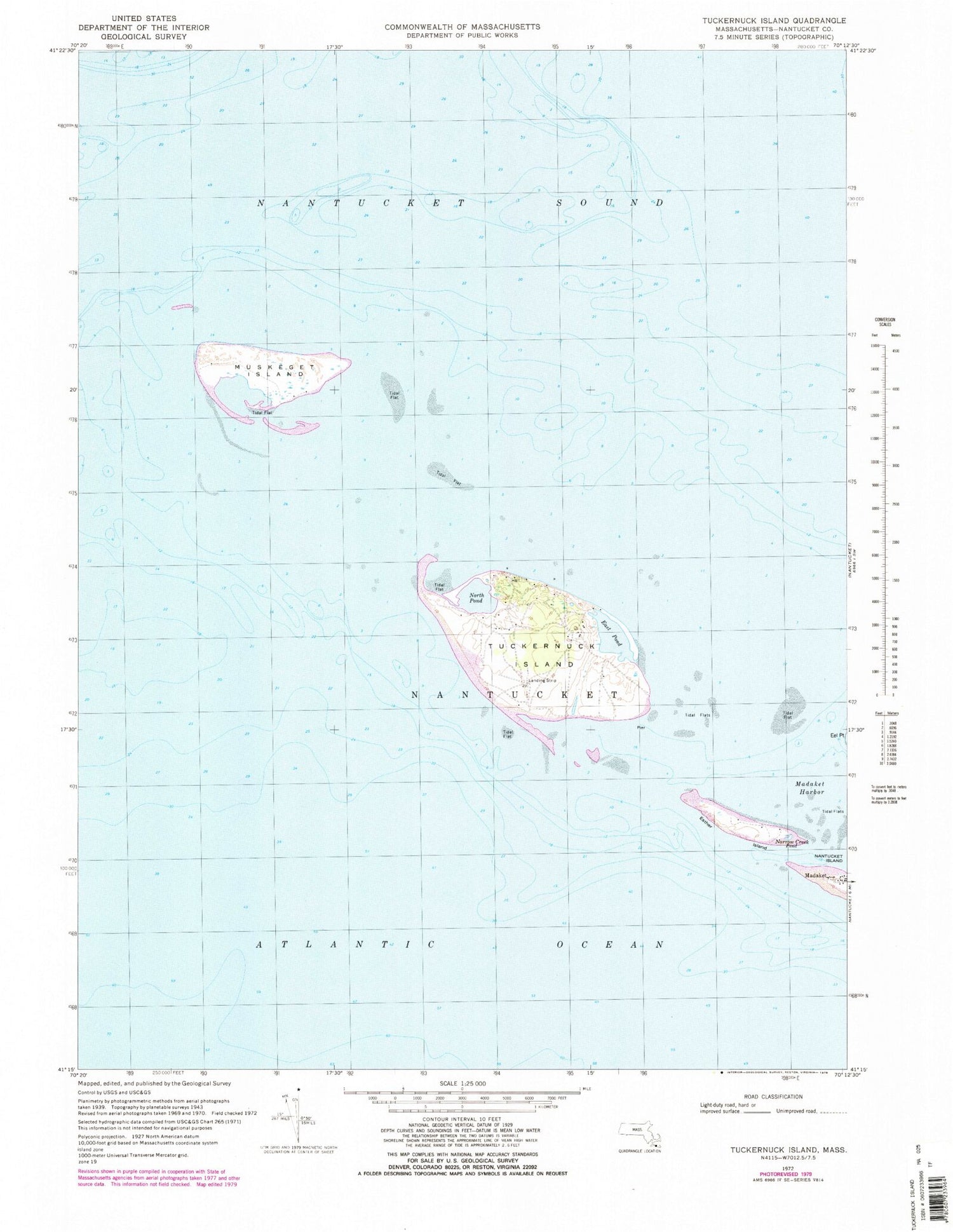 Classic USGS Tuckernuck Island Massachusetts 7.5'x7.5' Topo Map Image