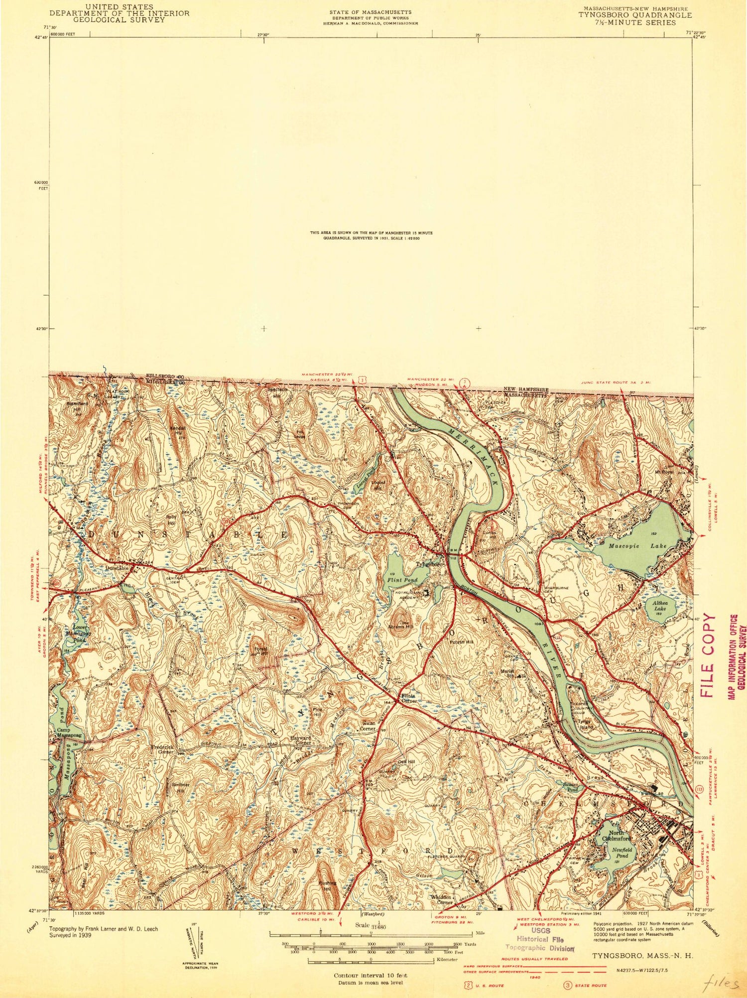 Classic USGS Nashua South New Hampshire 7.5'x7.5' Topo Map Image