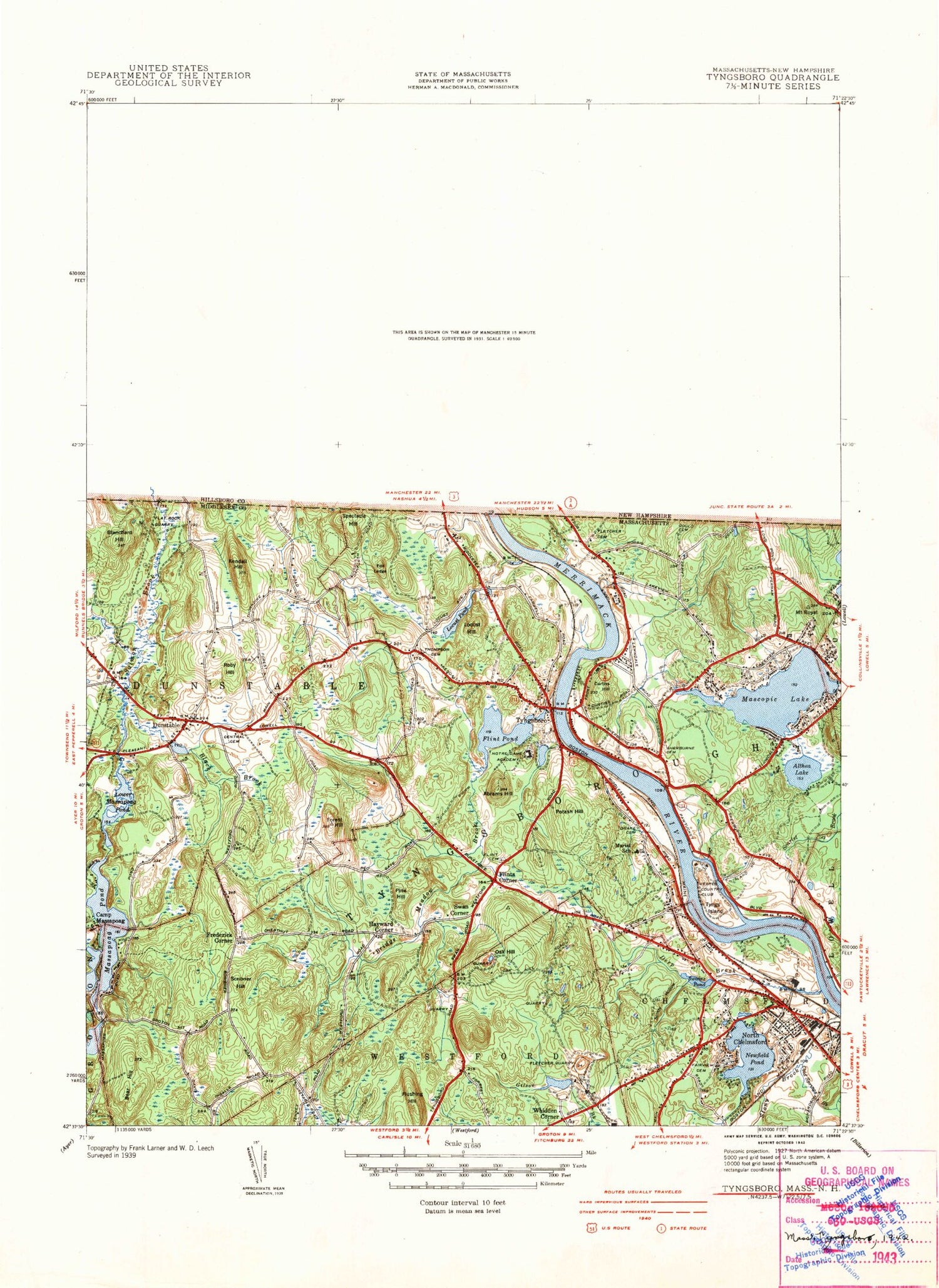 Classic USGS Nashua South New Hampshire 7.5'x7.5' Topo Map Image