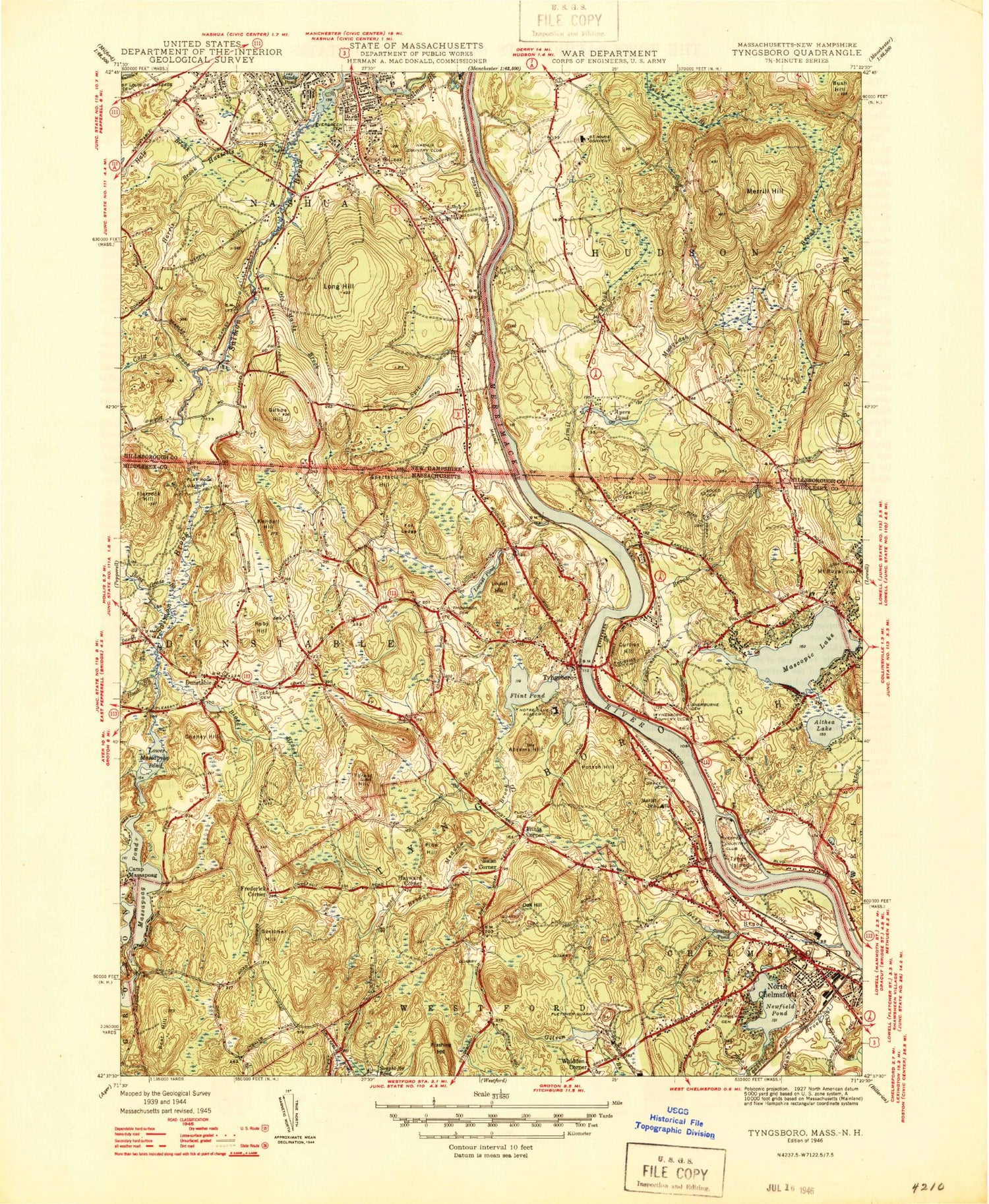 Classic USGS Nashua South New Hampshire 7.5'x7.5' Topo Map Image