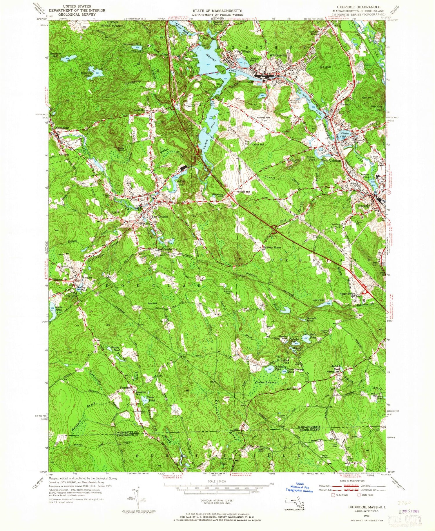 Classic USGS Uxbridge Massachusetts 7.5'x7.5' Topo Map Image