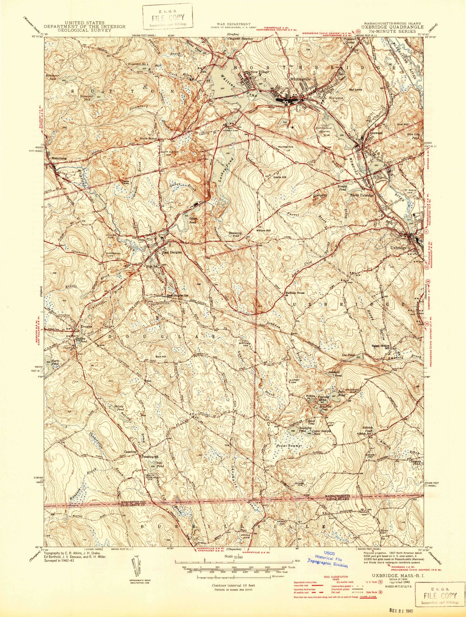 Classic USGS Uxbridge Massachusetts 7.5'x7.5' Topo Map Image