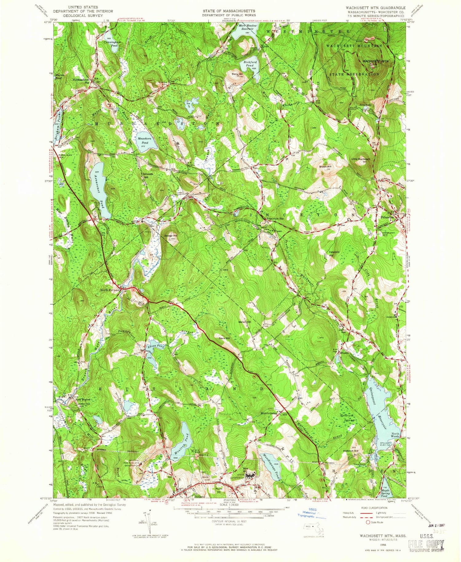Classic USGS Wachusett Mountain Massachusetts 7.5'x7.5' Topo Map Image