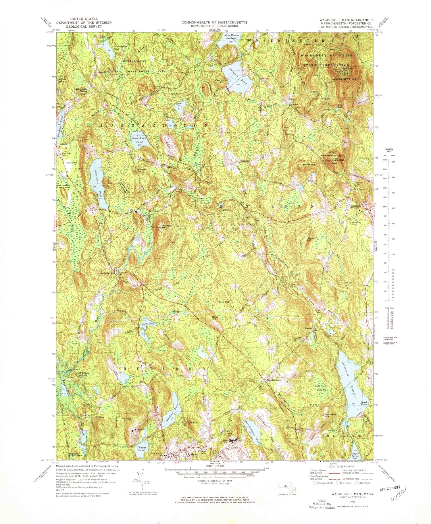 Classic USGS Wachusett Mountain Massachusetts 7.5'x7.5' Topo Map Image