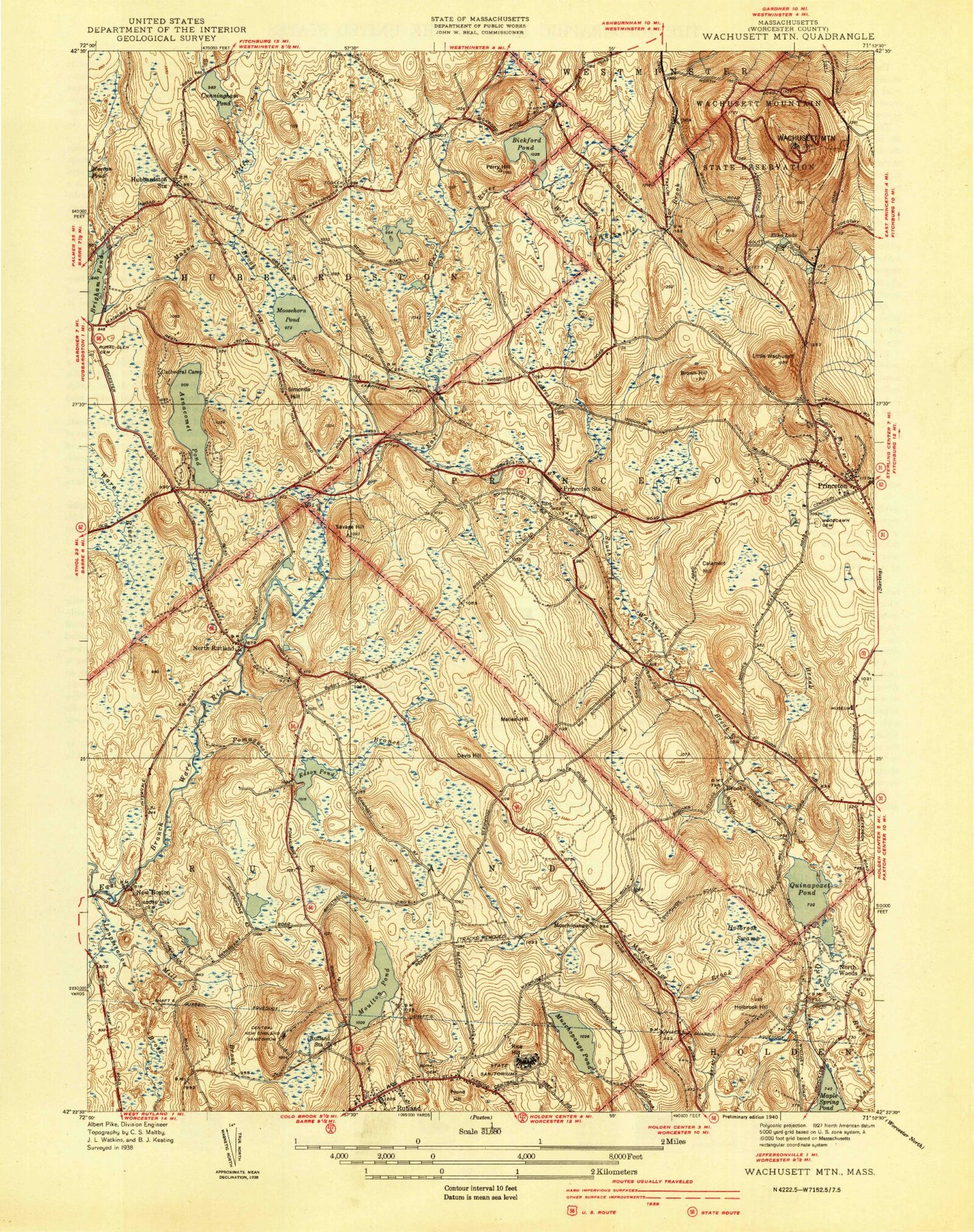 Classic USGS Wachusett Mountain Massachusetts 7.5'x7.5' Topo Map Image