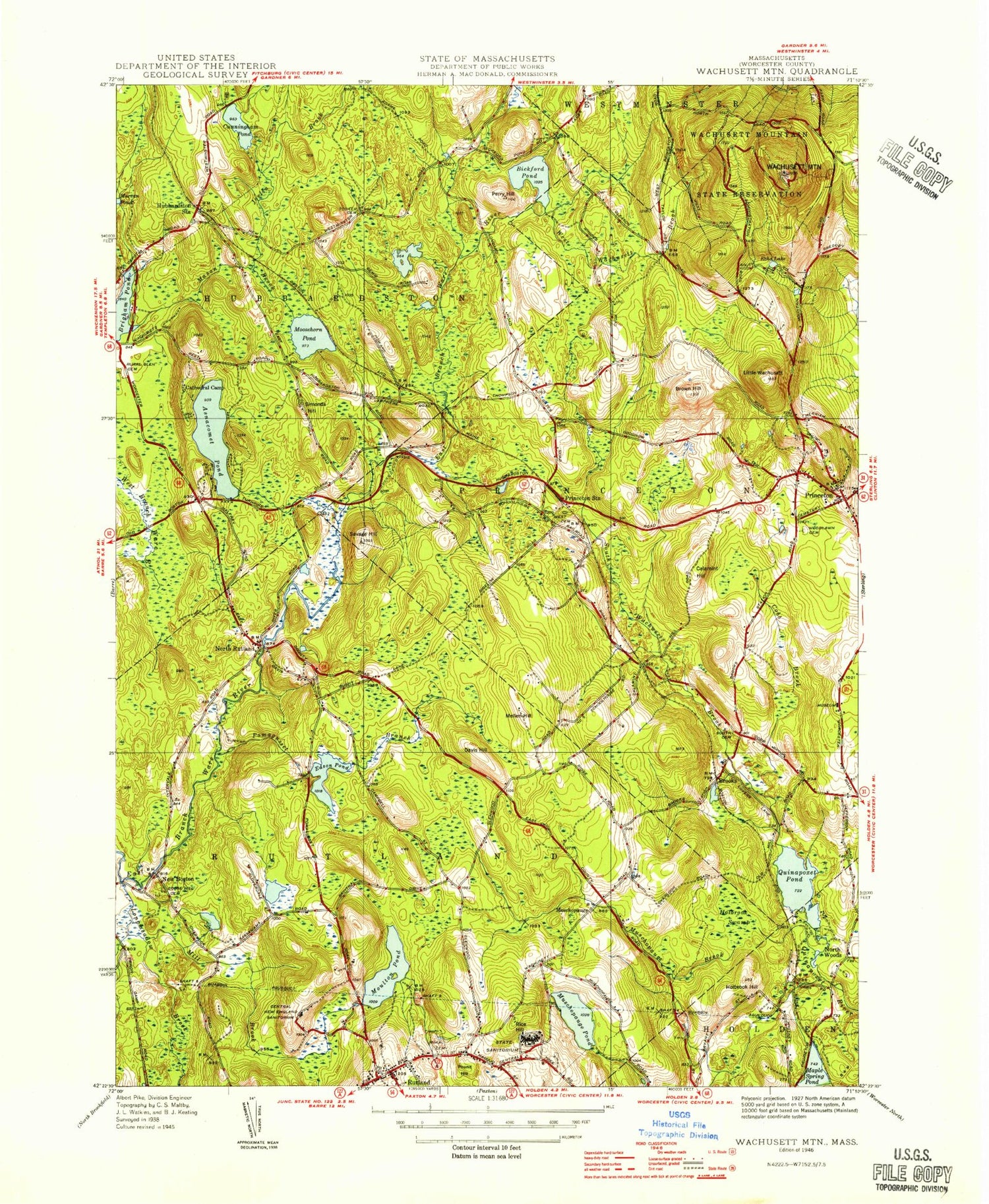 Classic USGS Wachusett Mountain Massachusetts 7.5'x7.5' Topo Map Image