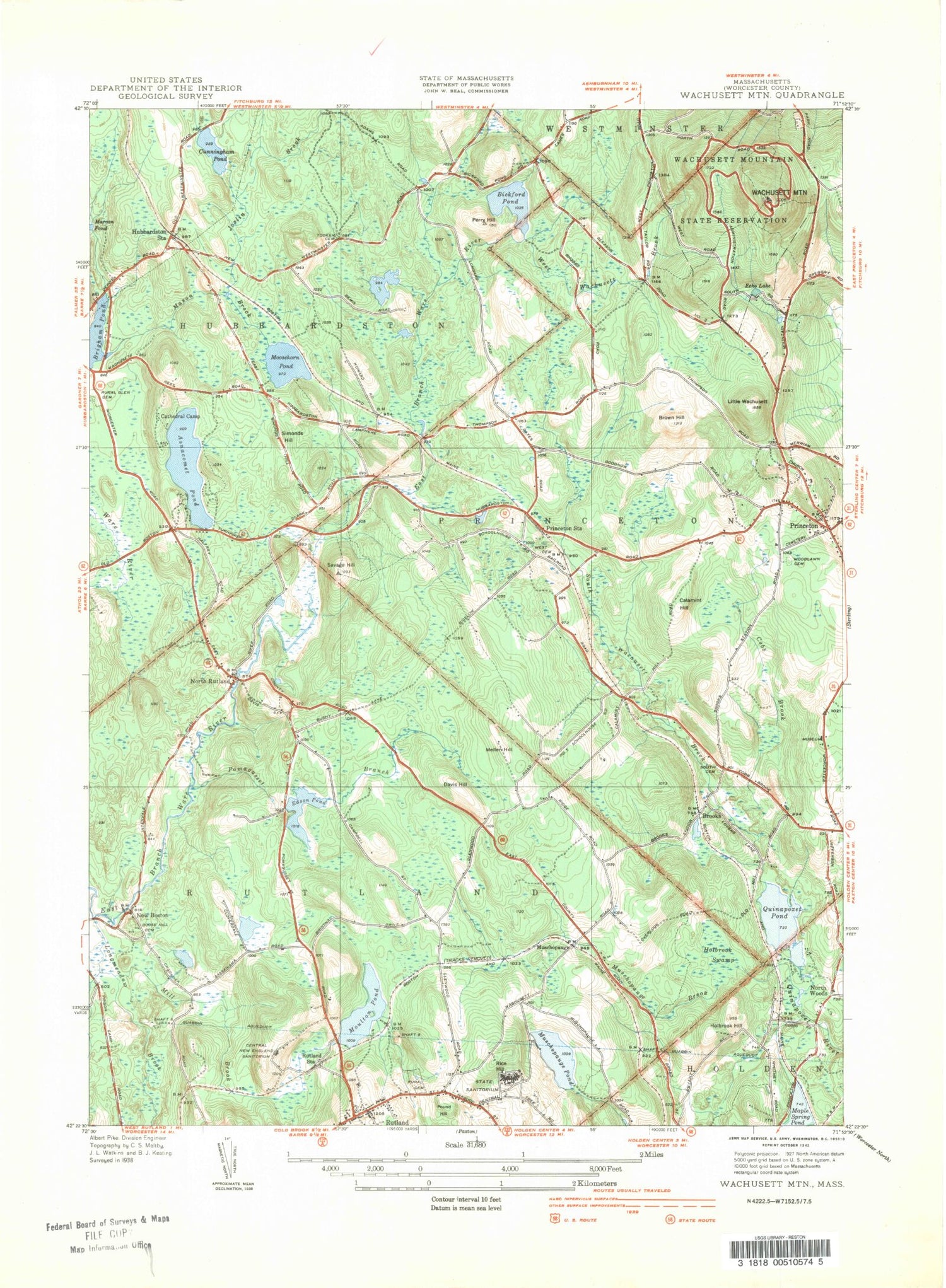 Classic USGS Wachusett Mountain Massachusetts 7.5'x7.5' Topo Map Image