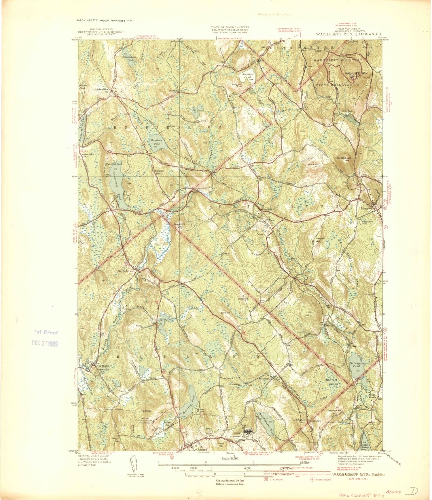 Classic USGS Wachusett Mountain Massachusetts 7.5'x7.5' Topo Map Image