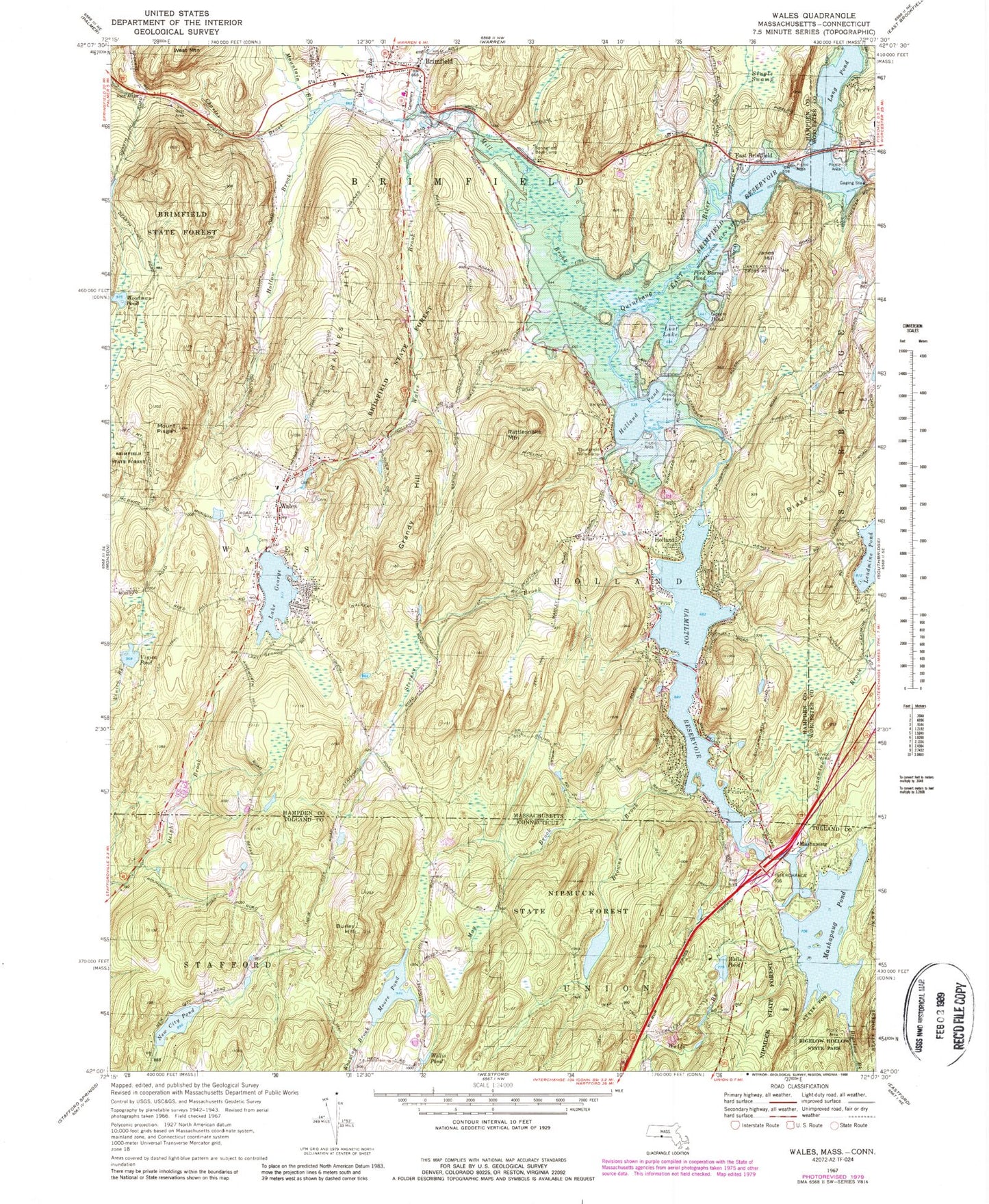 Classic USGS Wales Massachusetts 7.5'x7.5' Topo Map Image