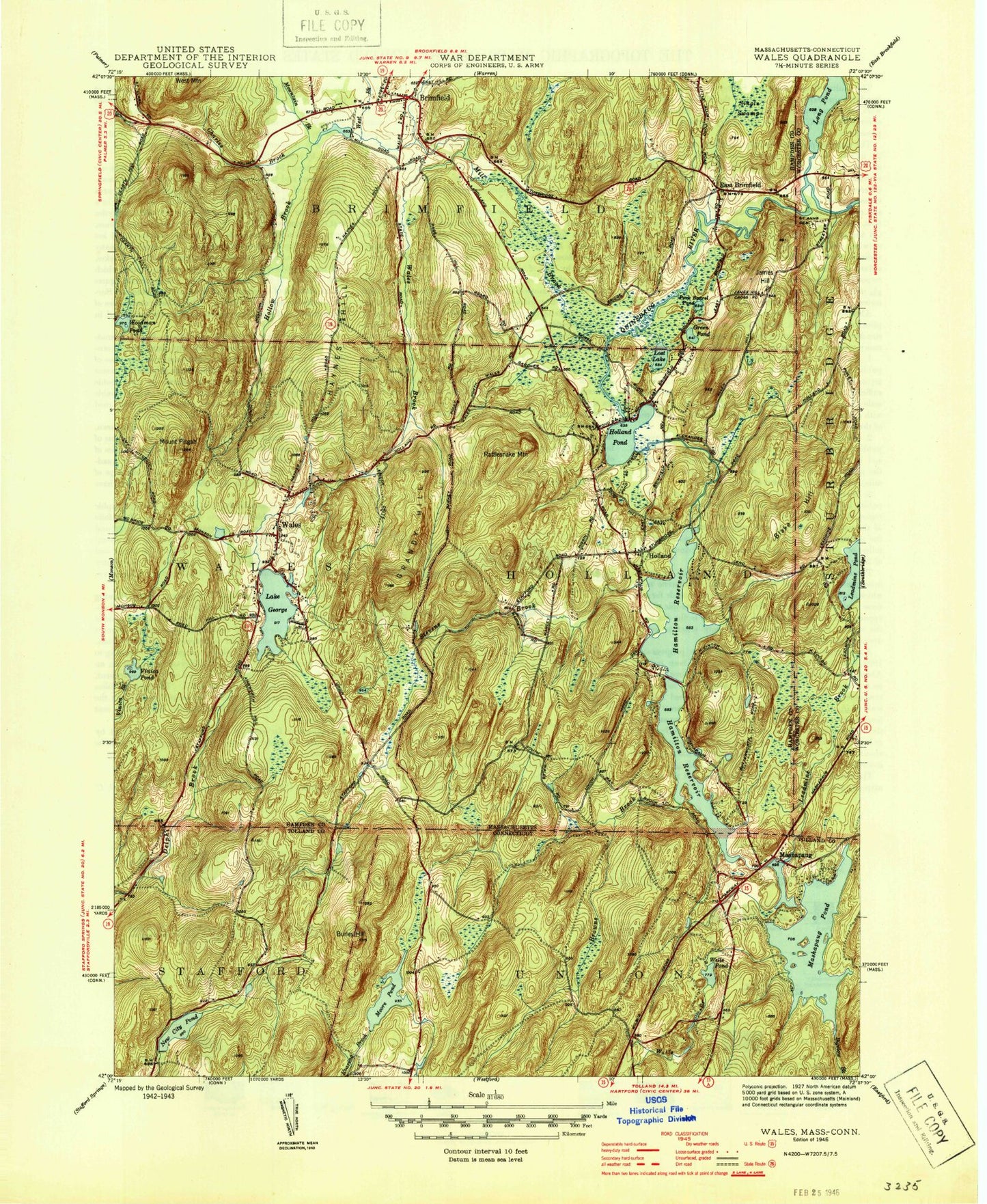 Classic USGS Wales Massachusetts 7.5'x7.5' Topo Map Image