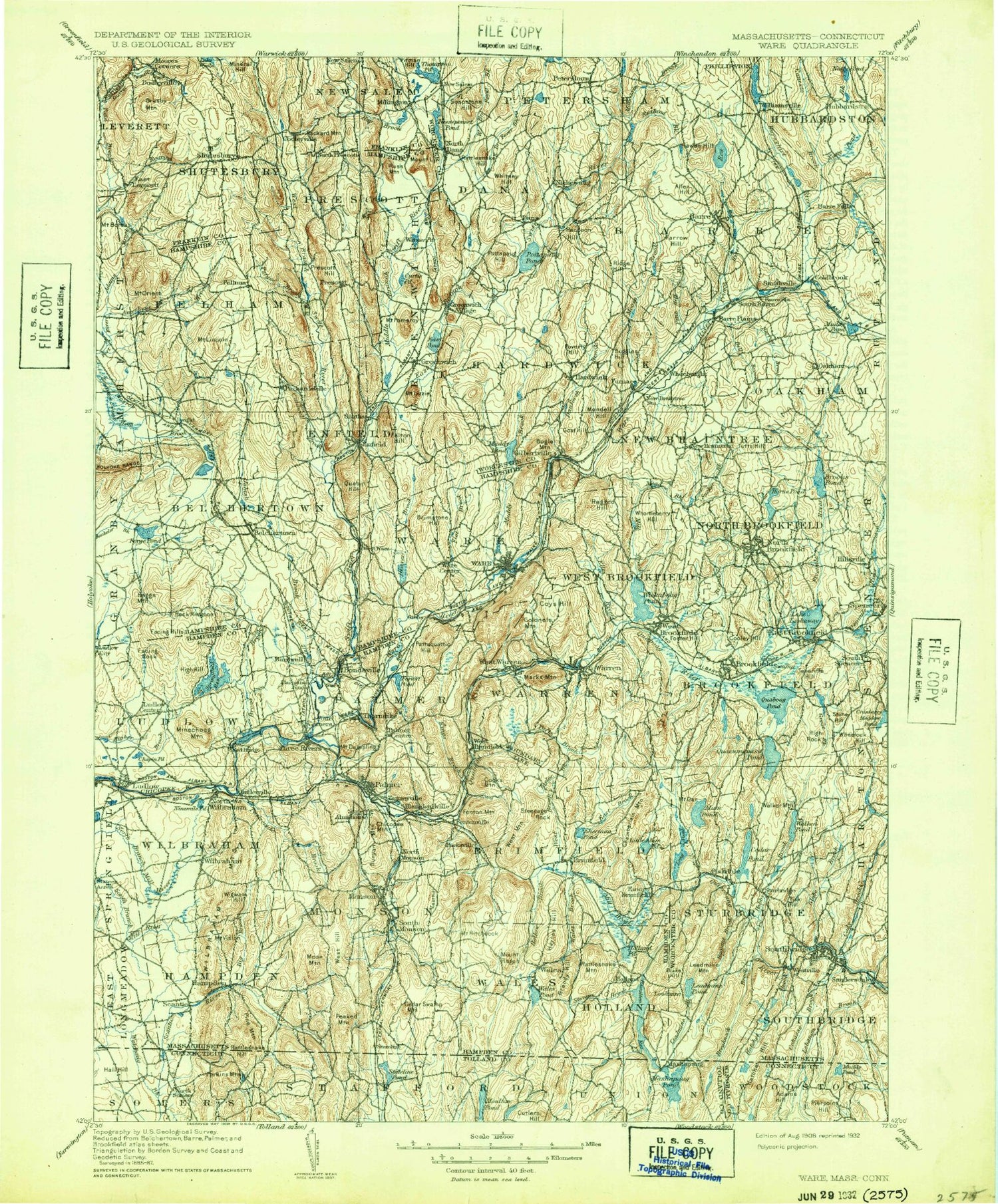 Historic 1908 Ware Massachusetts 30'x30' Topo Map Image