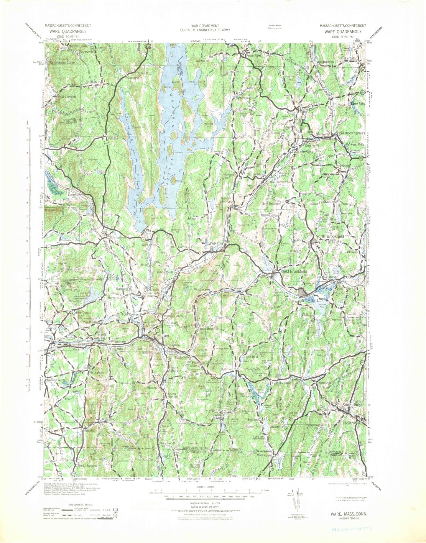 Historic 1942 Ware Massachusetts 30'x30' Topo Map Image