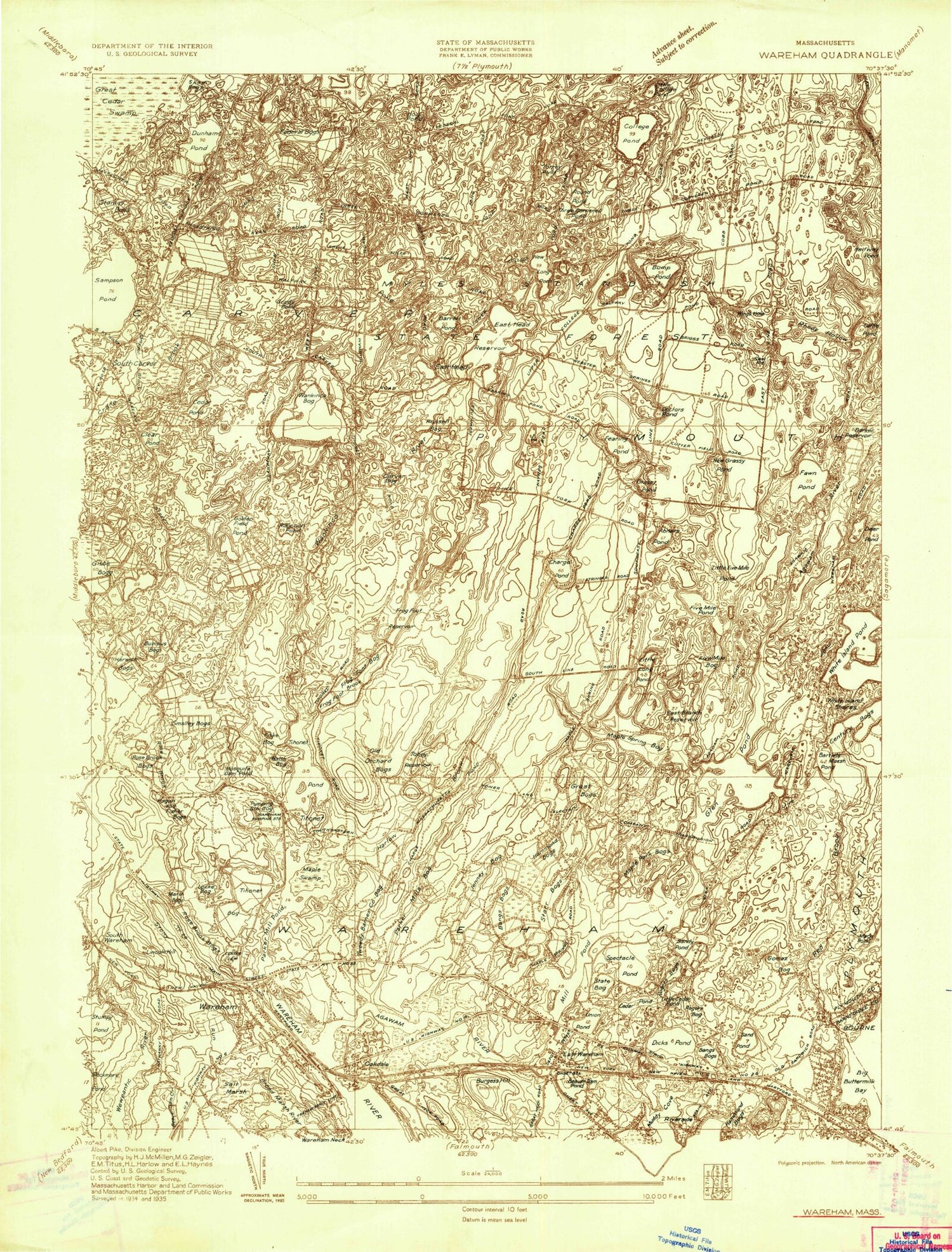 Classic USGS Wareham Massachusetts 7.5'x7.5' Topo Map Image
