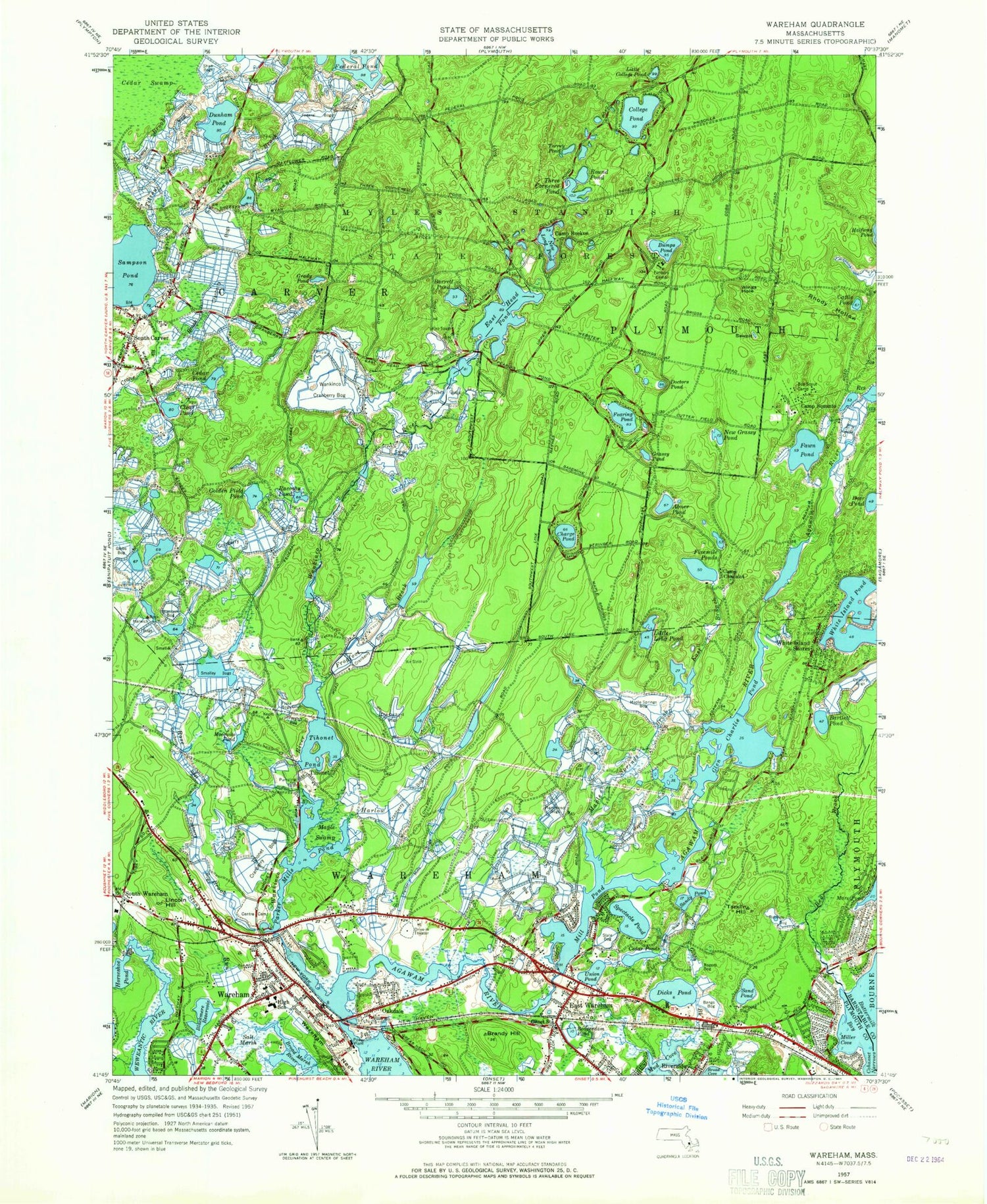 Classic USGS Wareham Massachusetts 7.5'x7.5' Topo Map Image