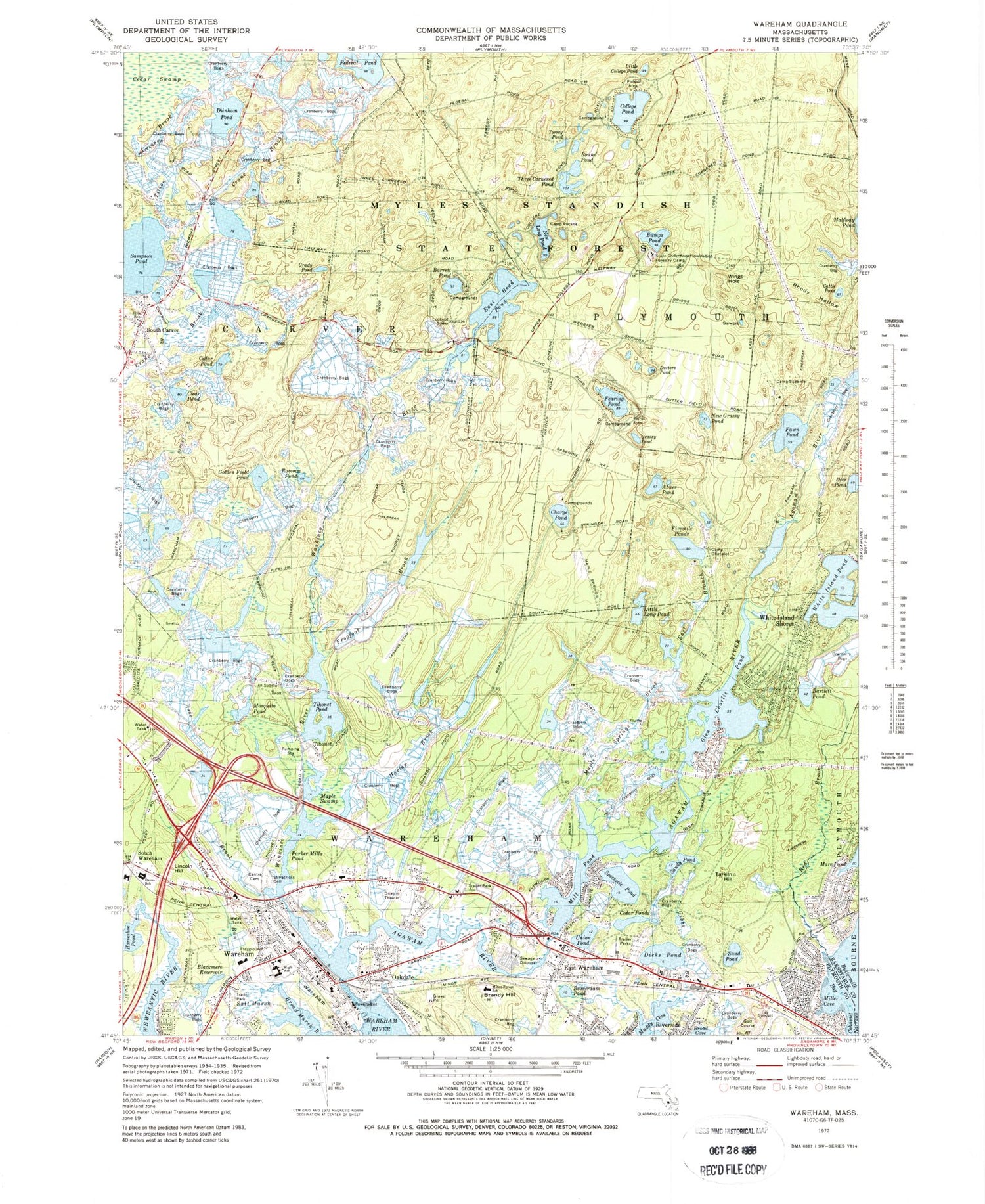 Classic USGS Wareham Massachusetts 7.5'x7.5' Topo Map Image