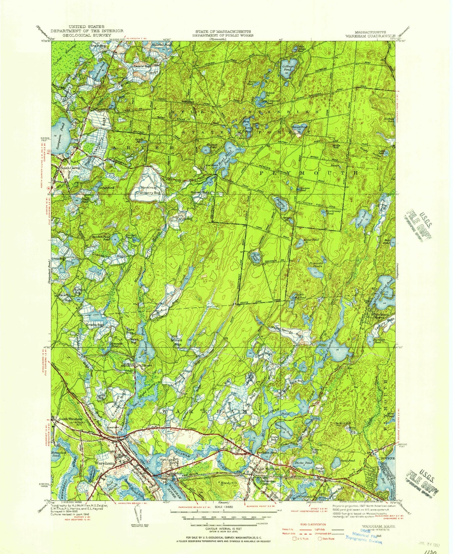 Classic USGS Wareham Massachusetts 7.5'x7.5' Topo Map Image