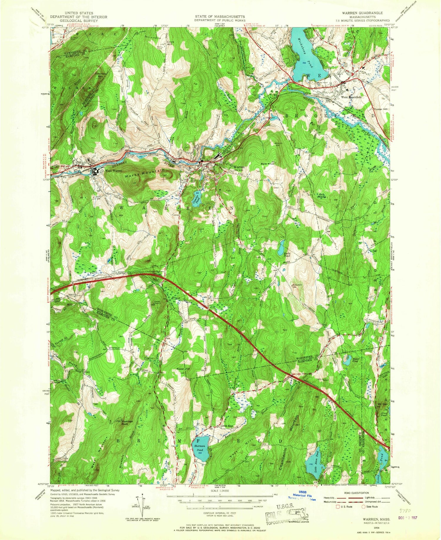 Classic USGS Warren Massachusetts 7.5'x7.5' Topo Map Image