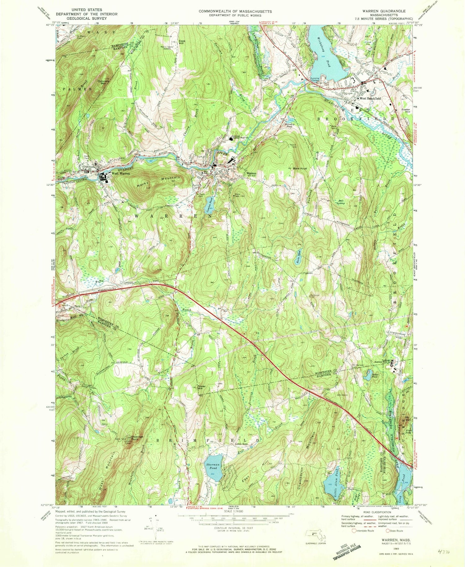 Classic USGS Warren Massachusetts 7.5'x7.5' Topo Map Image