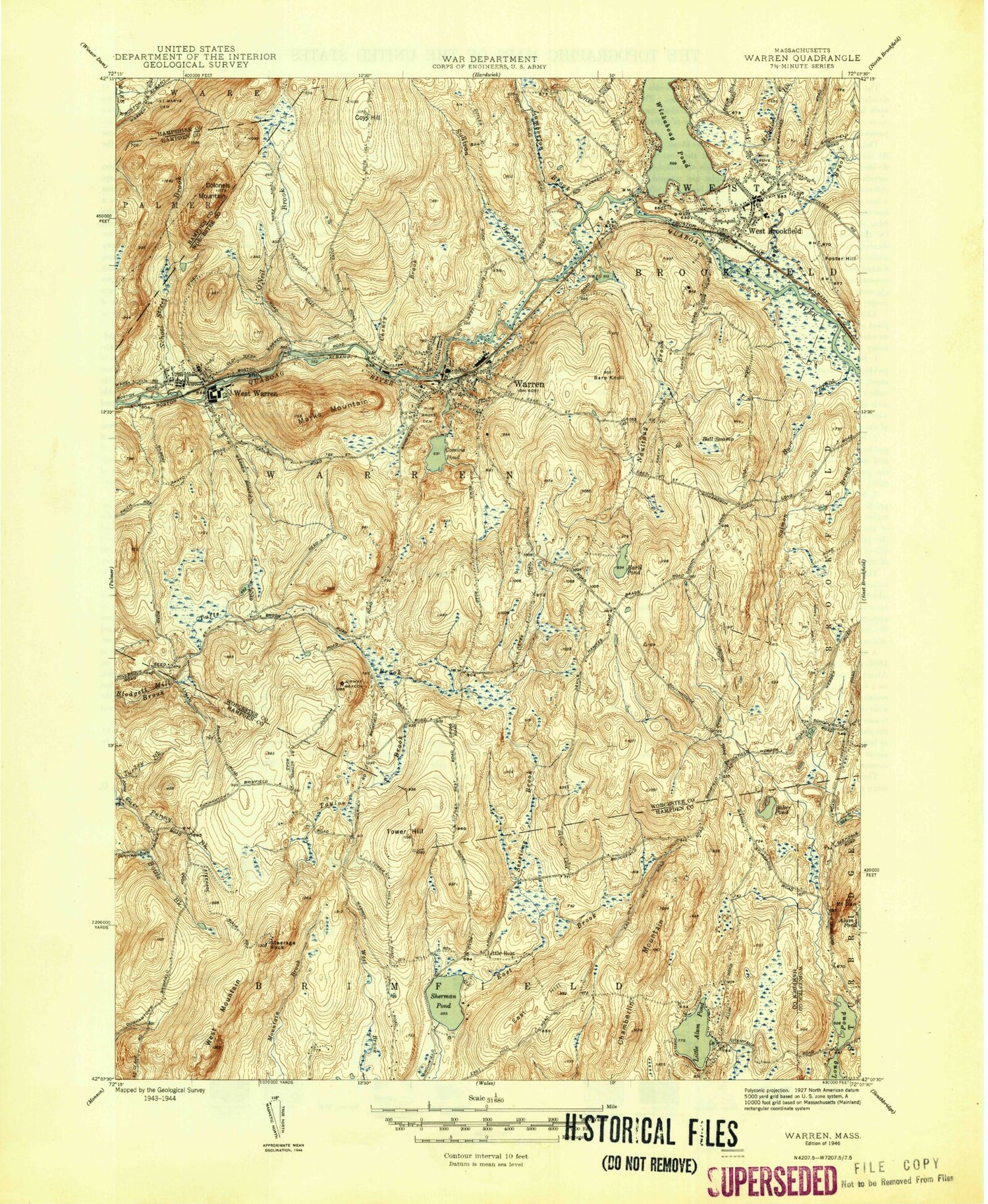 Classic USGS Warren Massachusetts 7.5'x7.5' Topo Map Image