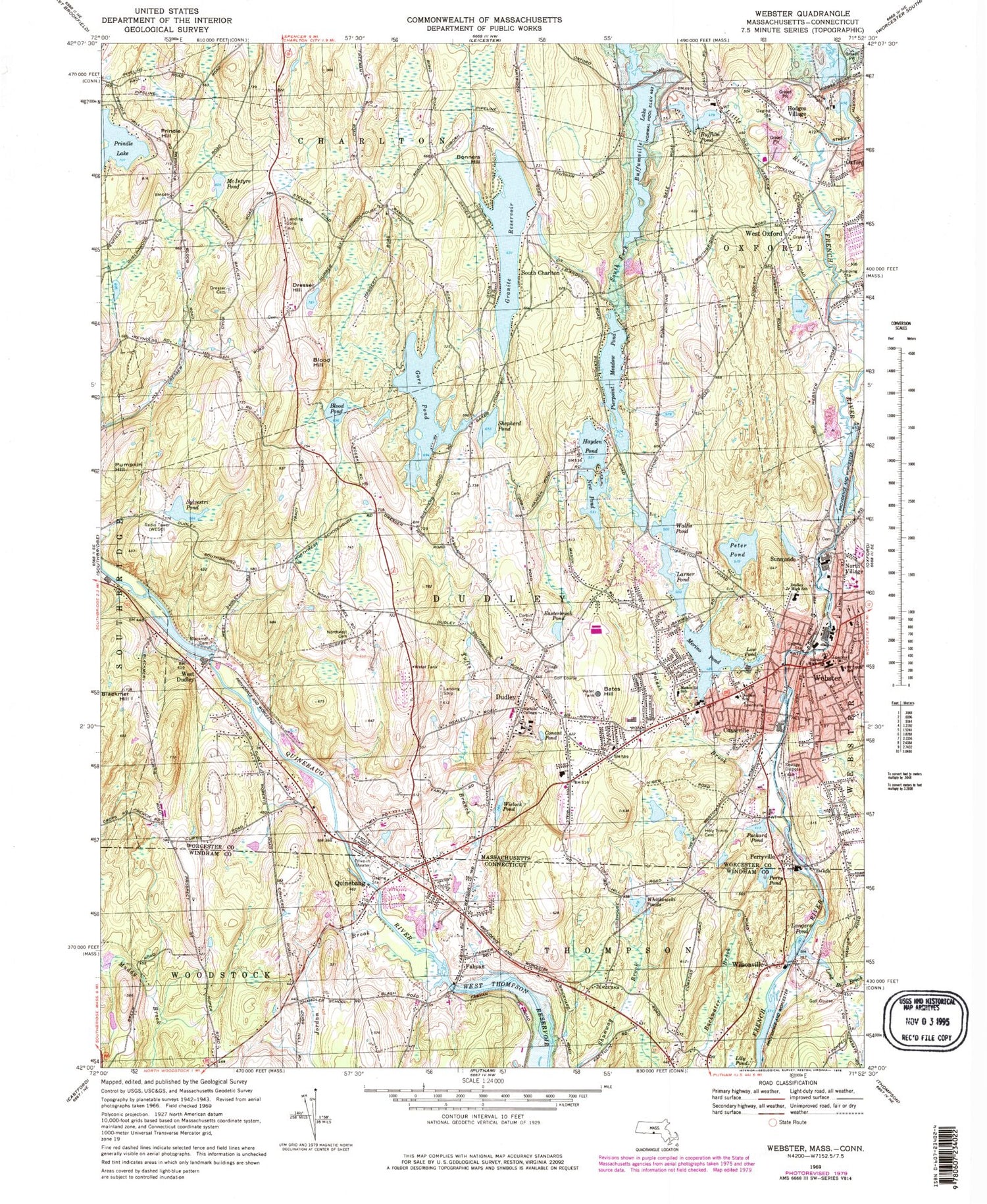 Classic USGS Webster Massachusetts 7.5'x7.5' Topo Map Image