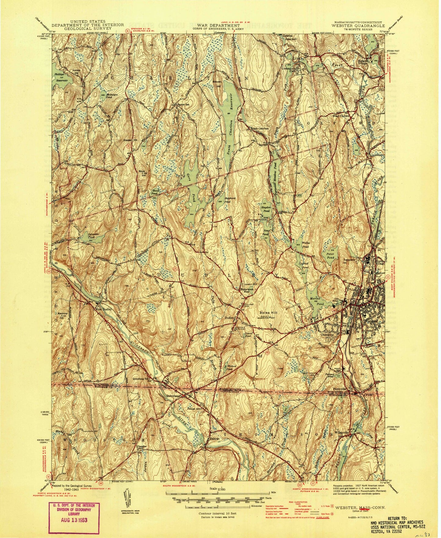 Classic USGS Webster Massachusetts 7.5'x7.5' Topo Map Image