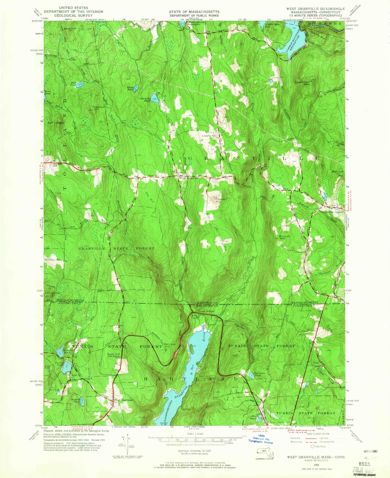 Classic USGS West Granville Massachusetts 7.5'x7.5' Topo Map Image