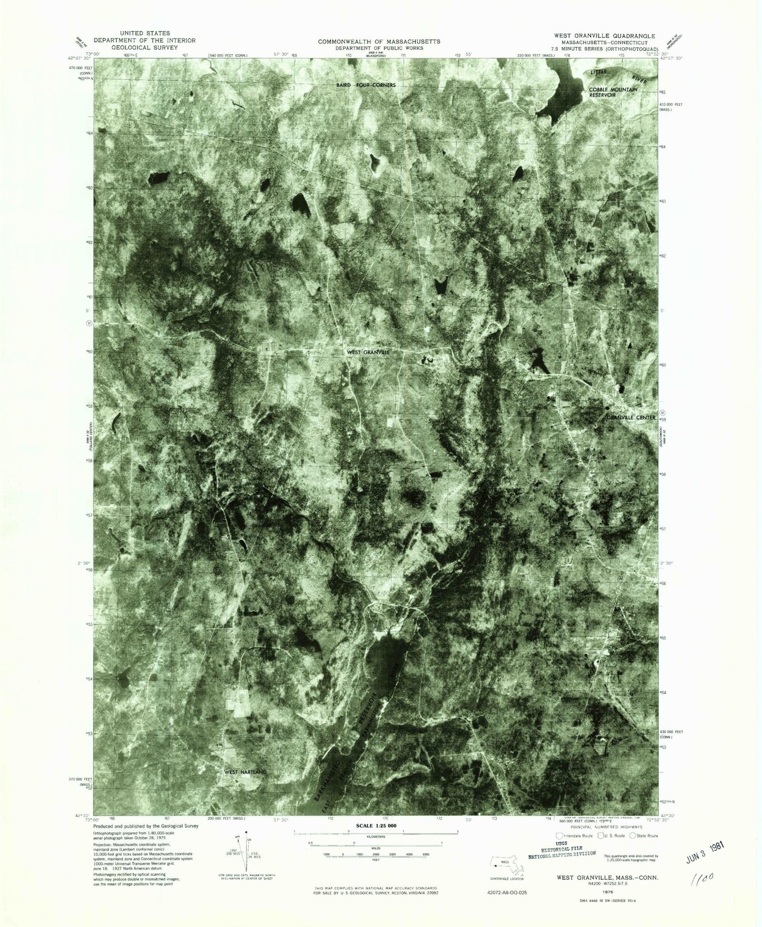 Classic USGS West Granville Massachusetts 7.5'x7.5' Topo Map Image