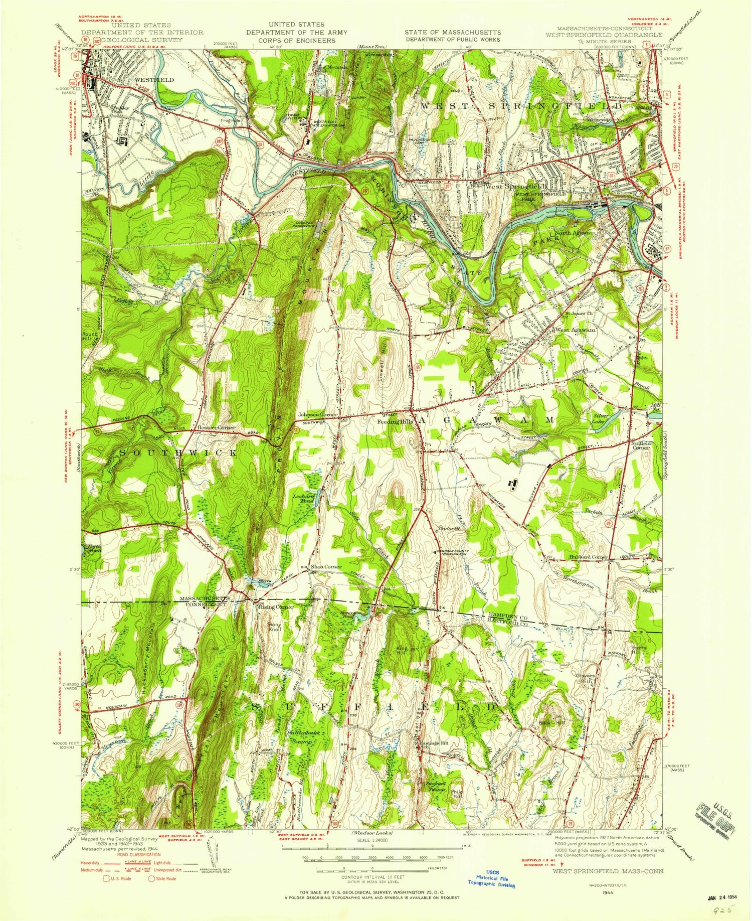 Classic USGS West Springfield Massachusetts 7.5'x7.5' Topo Map Image