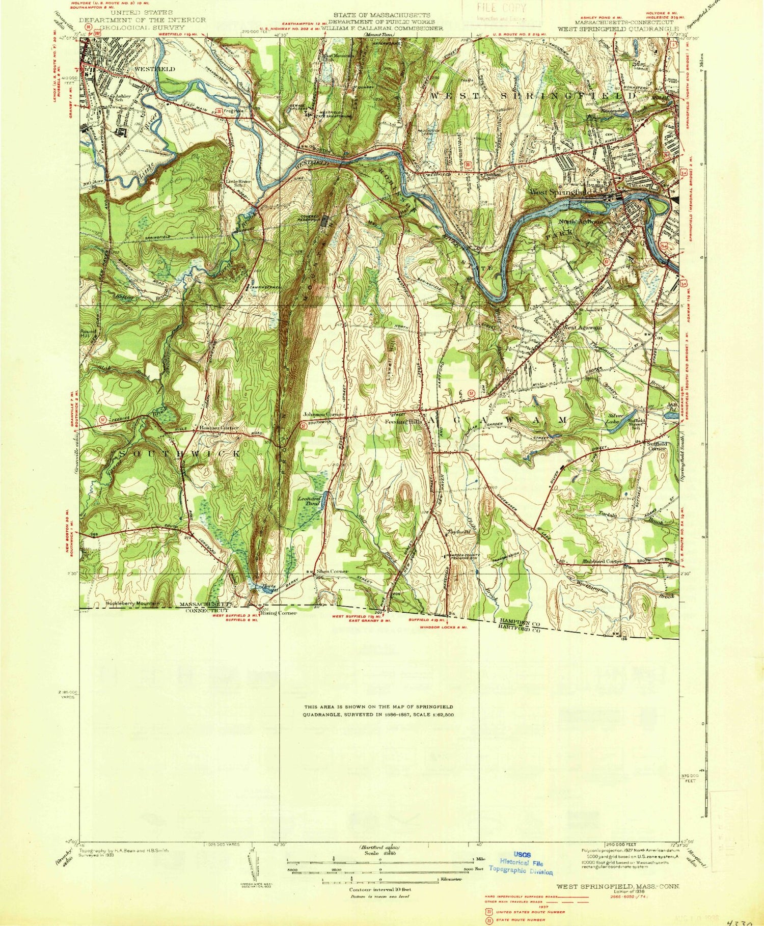 Classic USGS West Springfield Massachusetts 7.5'x7.5' Topo Map Image