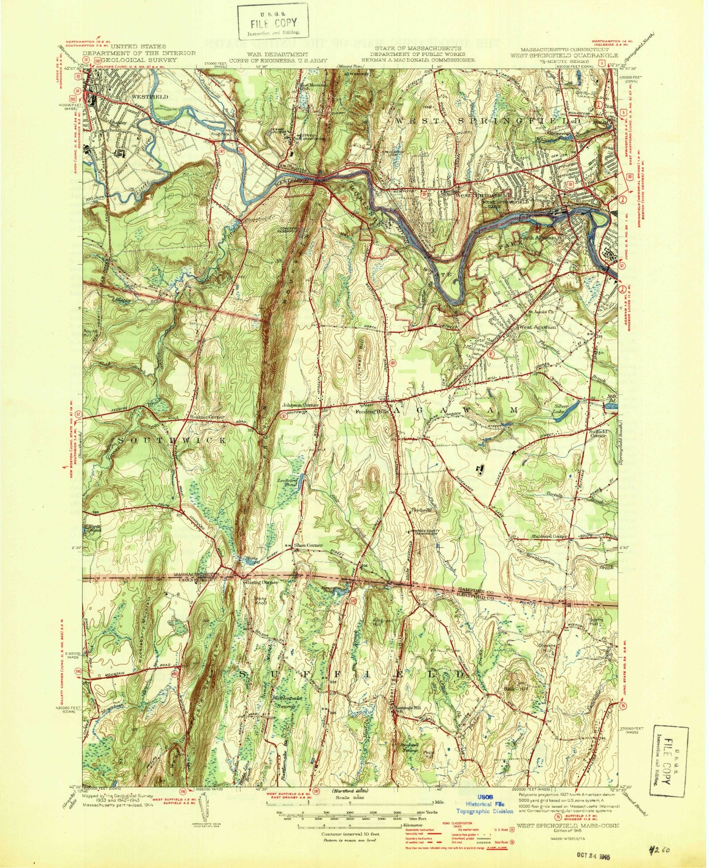 Classic USGS West Springfield Massachusetts 7.5'x7.5' Topo Map Image