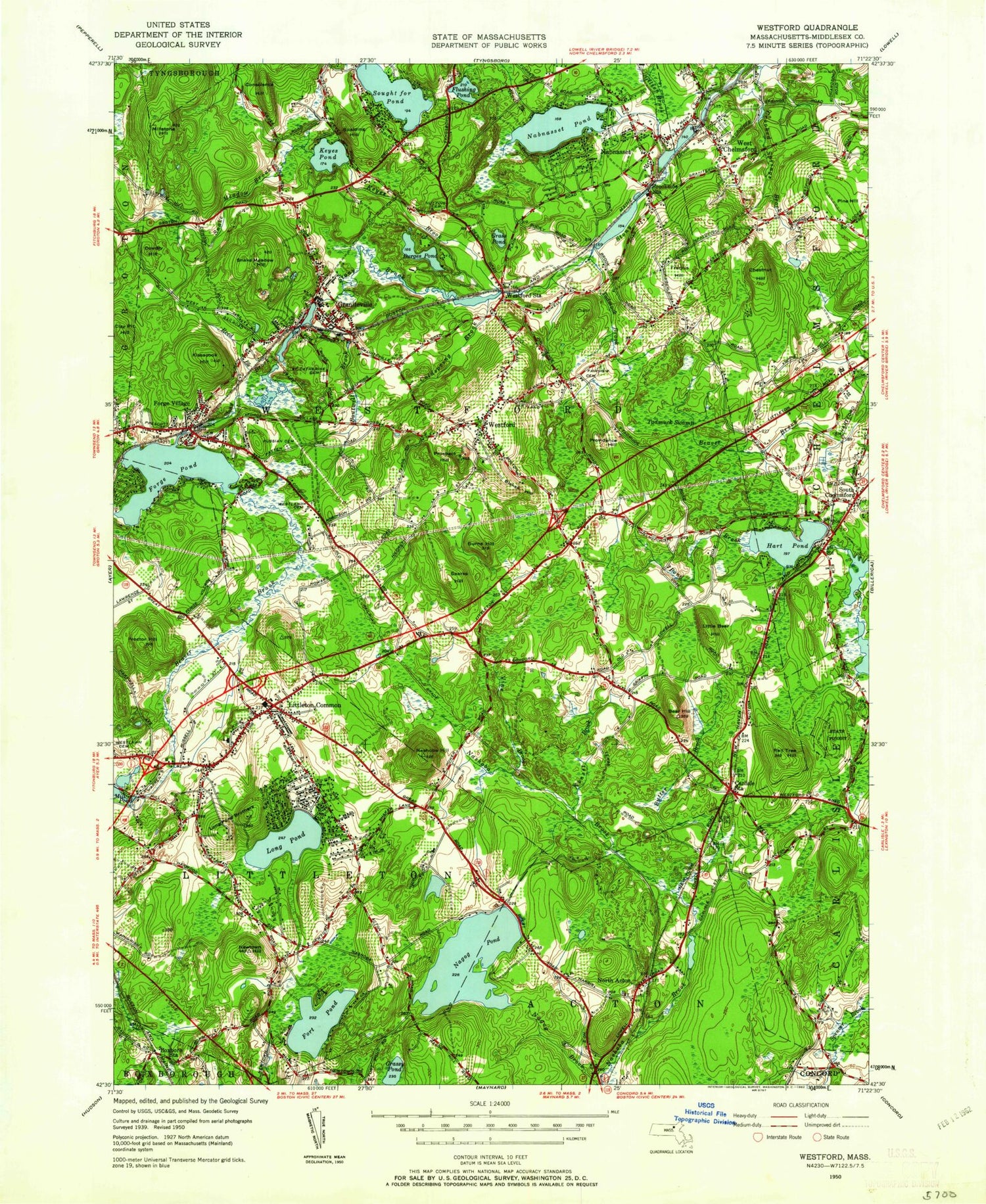 Classic USGS Westford Massachusetts 7.5'x7.5' Topo Map Image