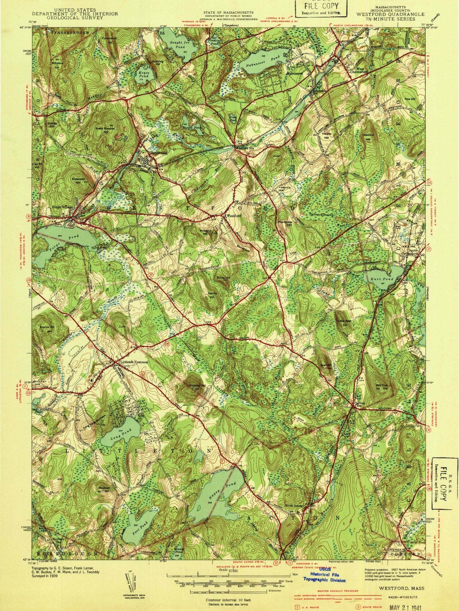 Classic USGS Westford Massachusetts 7.5'x7.5' Topo Map Image