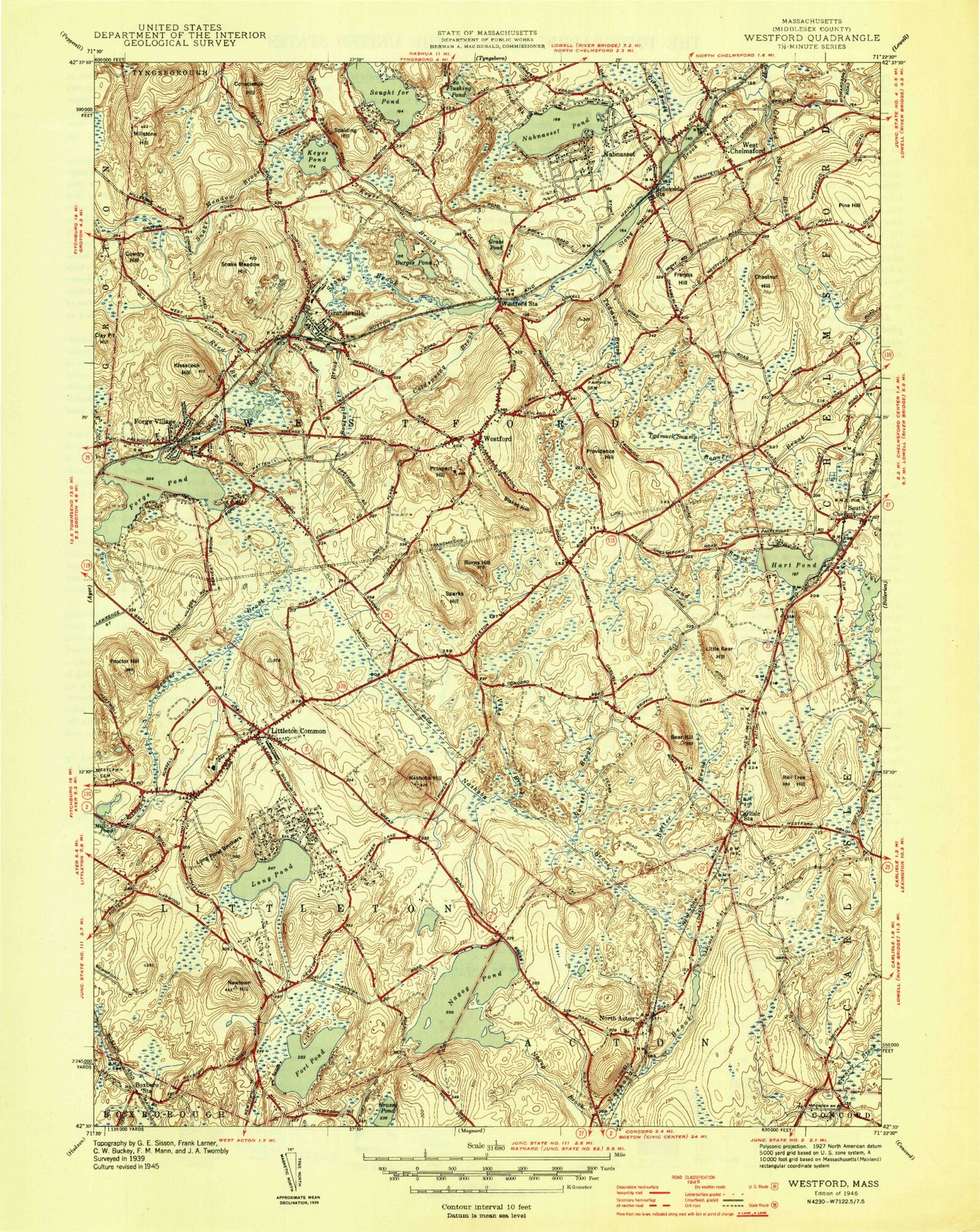 Classic USGS Westford Massachusetts 7.5'x7.5' Topo Map Image
