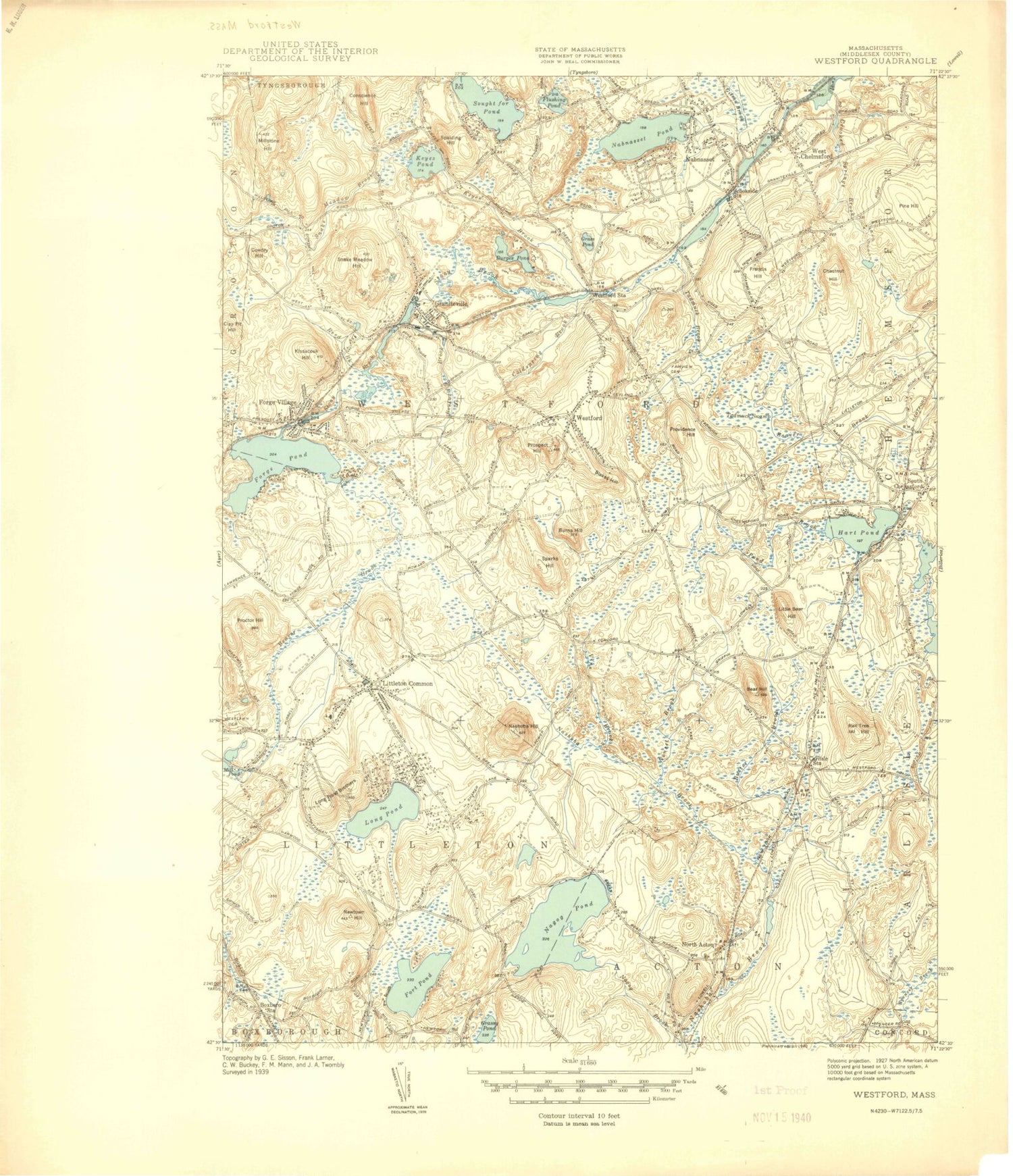 Classic USGS Westford Massachusetts 7.5'x7.5' Topo Map Image