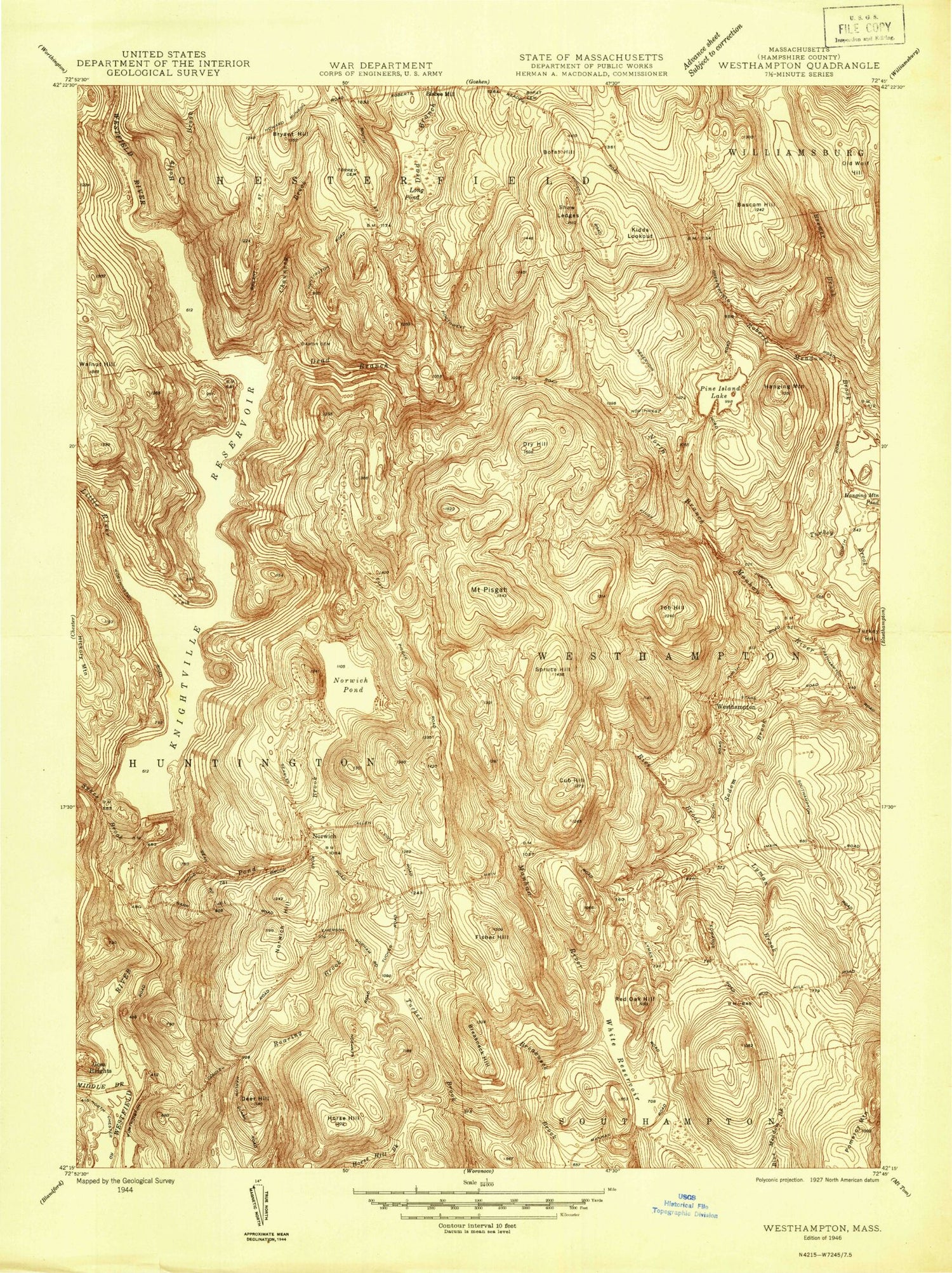 Classic USGS Westhampton Massachusetts 7.5'x7.5' Topo Map Image