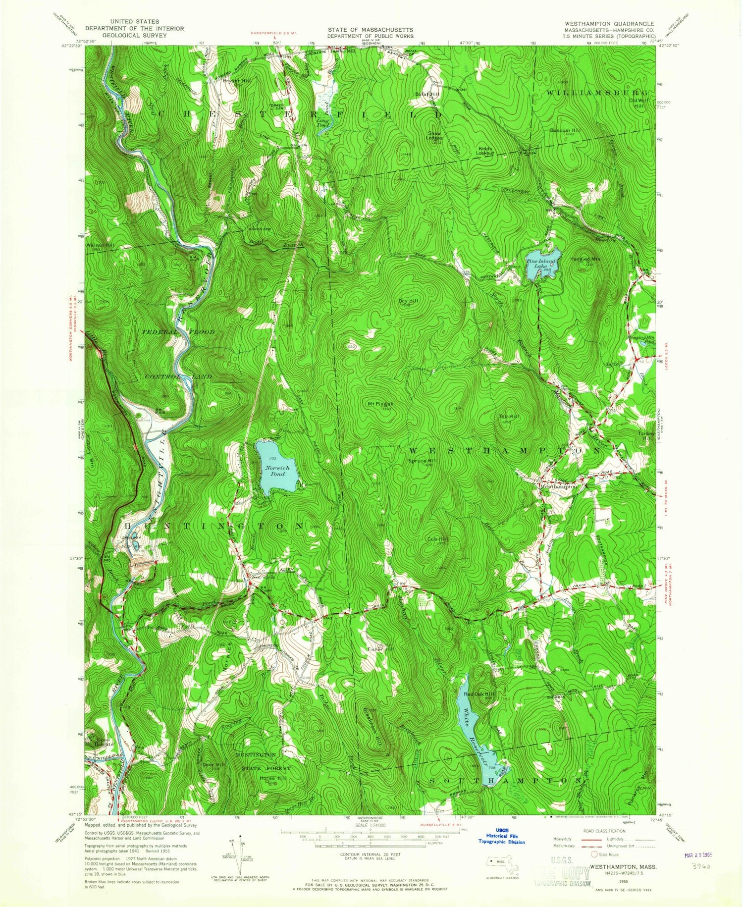 Classic USGS Westhampton Massachusetts 7.5'x7.5' Topo Map Image
