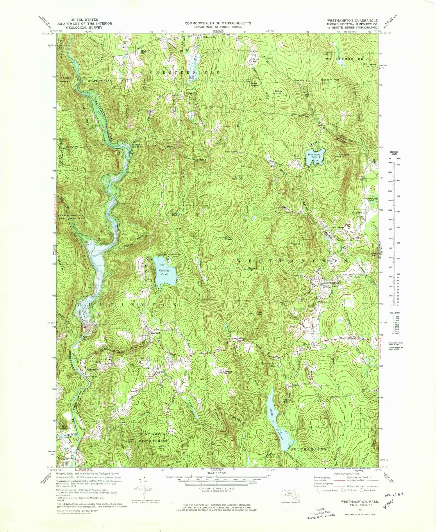 Classic USGS Westhampton Massachusetts 7.5'x7.5' Topo Map Image